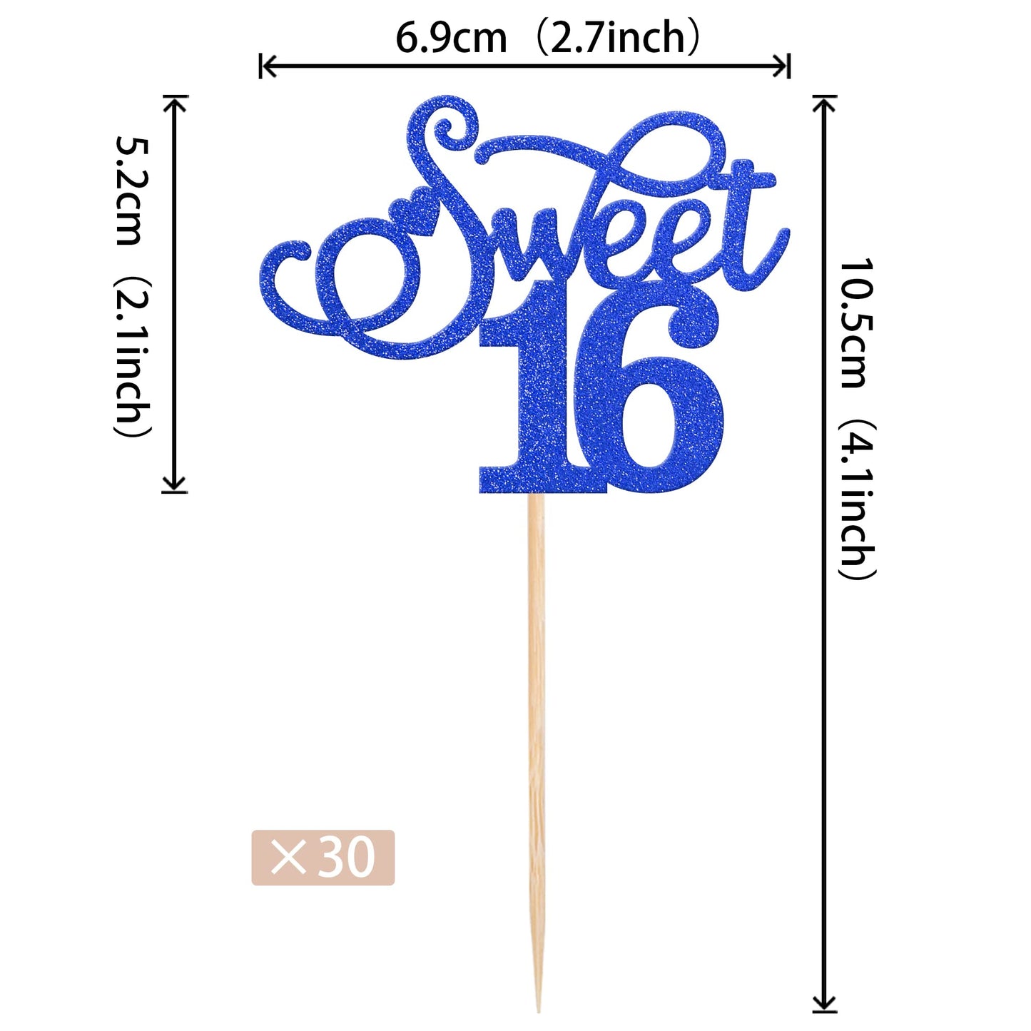 Rssta i Cupcake Toppers 30 Pack Glitter Love Heart for 16th Birthday Deep Blue
