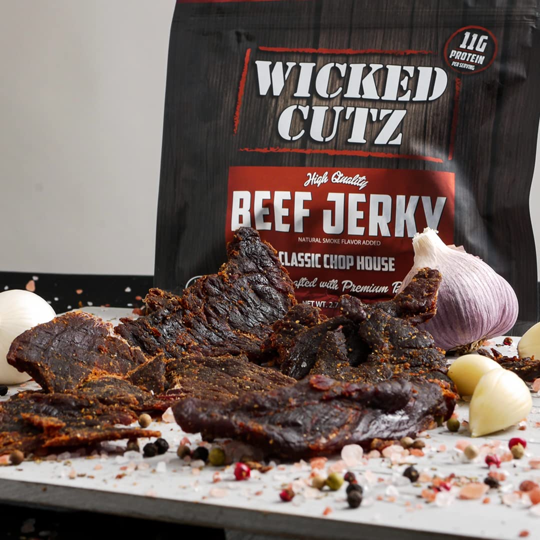Wicked Cutz Classic Chop House Beef Jerky, Premium Low Carb Snack, 33g Protein, 2.75 oz (Pack of 2)