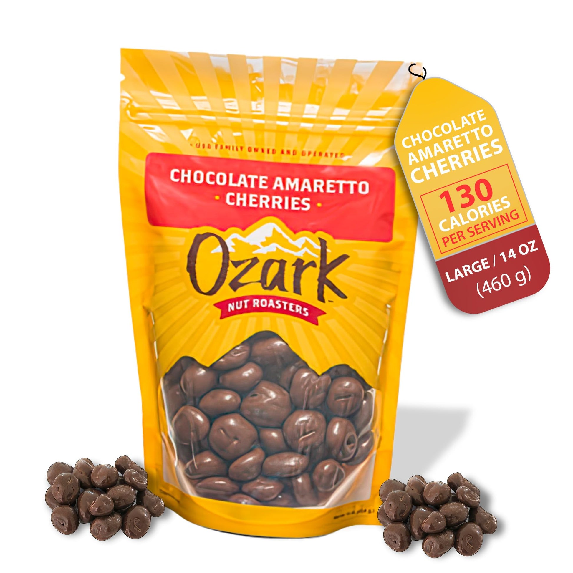 Ozark Nut Roasters Chocolate Amaretto Cherries, Gourmet Candied Nuts, Resealable Pack, 16 oz, Brown/Red