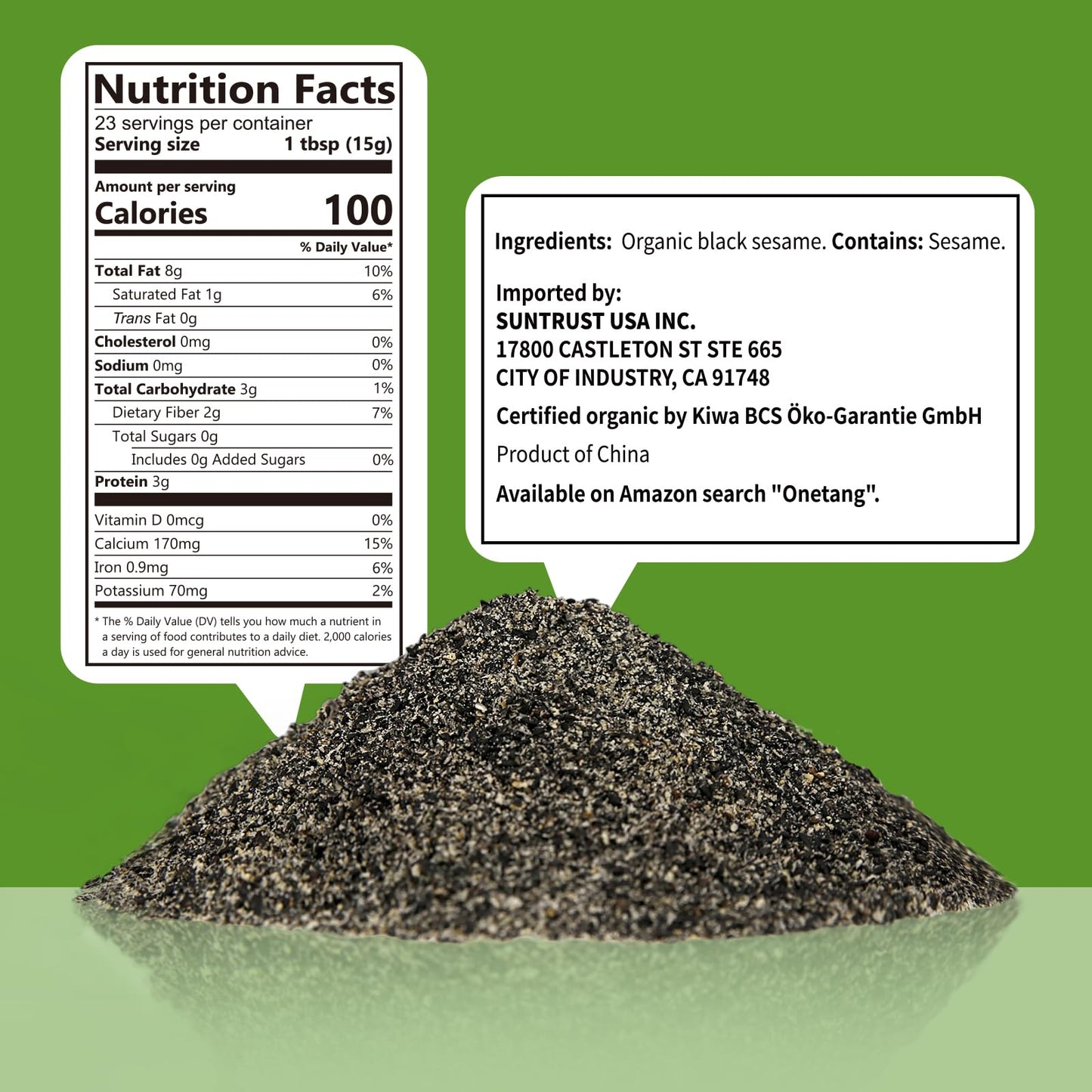Onetang Organic Black Sesame Powder No Sugar Low Temp Roasted Halal Non-Gmo Black Sesame Paste 12.36 Oz (350G)