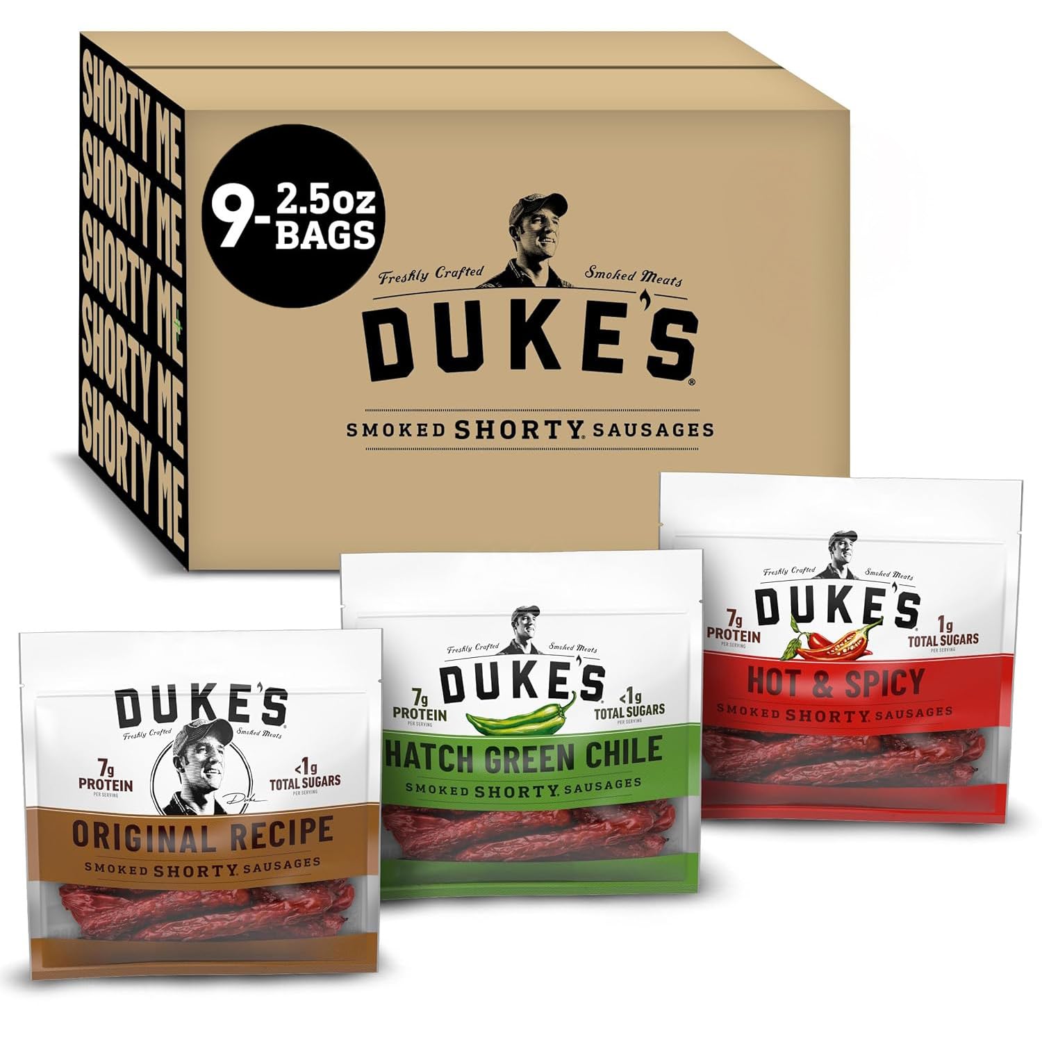 Dukes Original  Hot and Spicy  and Hatch Green Chile Smoked Shorty Sausages Variety Pack  Stocking Stuffer  2.5 oz each
