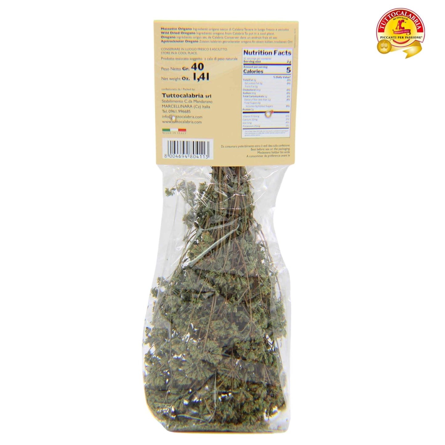 TUTTOCALABRIA Dried Calabrian Oregano on the Stem, All Natural, Non-GMO, 40 g (1.41 oz) - Product of Italy