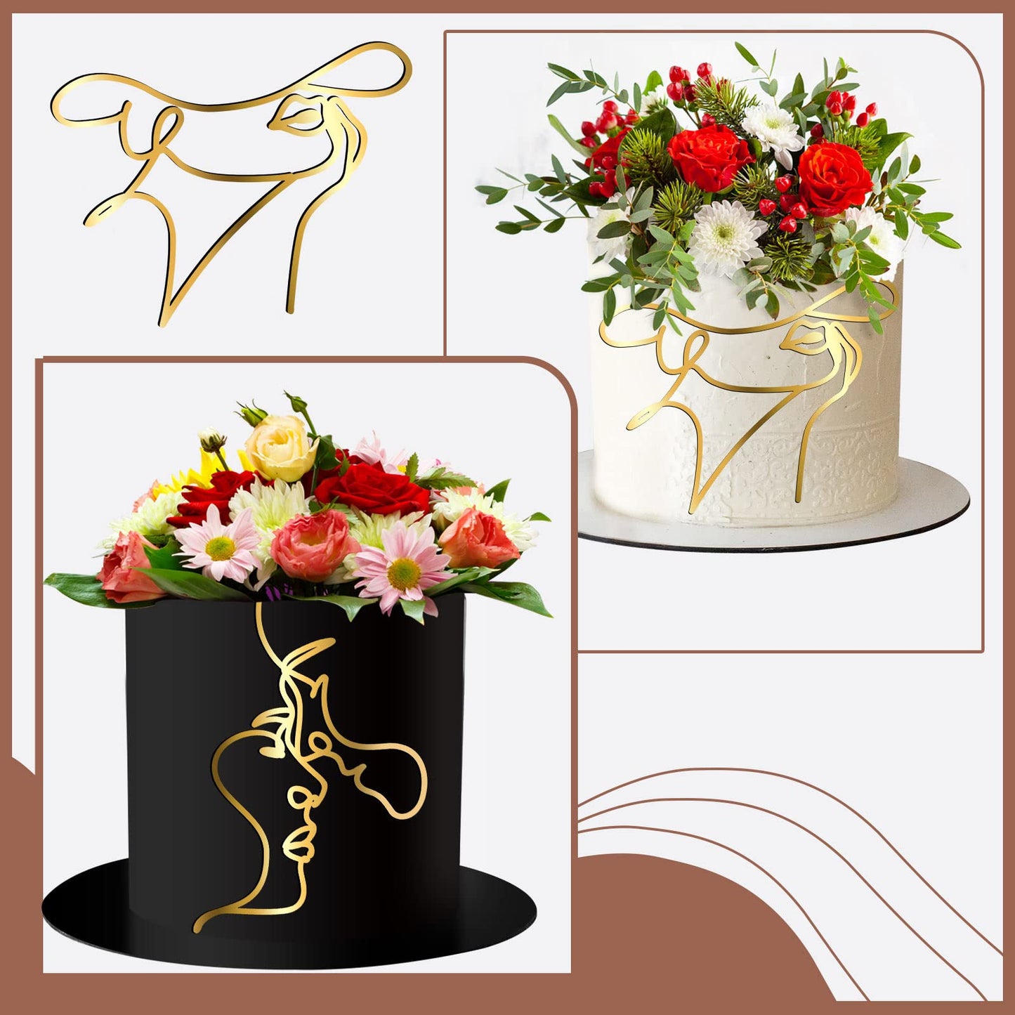 Marsui Cake Topper Set, 10 Pcs Acrylic Lady Face Toppers, 6.69 inches, Gold, Minimalist Design for Birthday and Wedding Decorations