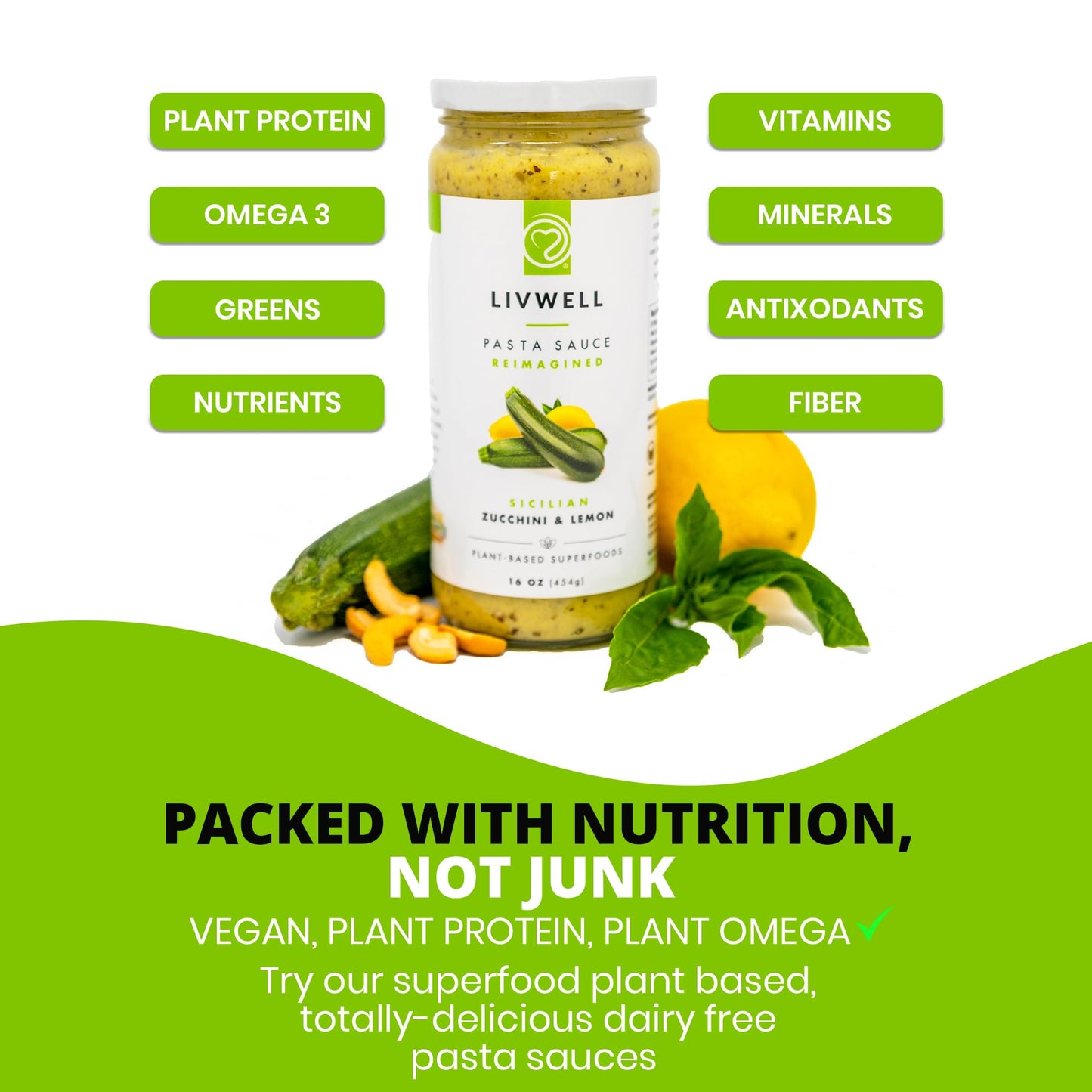Livwell Sicilian Zucchini Pasta Sauce - Pack Of 6 Plant Based Dairy Free Sicilian Zucchini & Lemon Pasta Sauce With Fresh Basil,