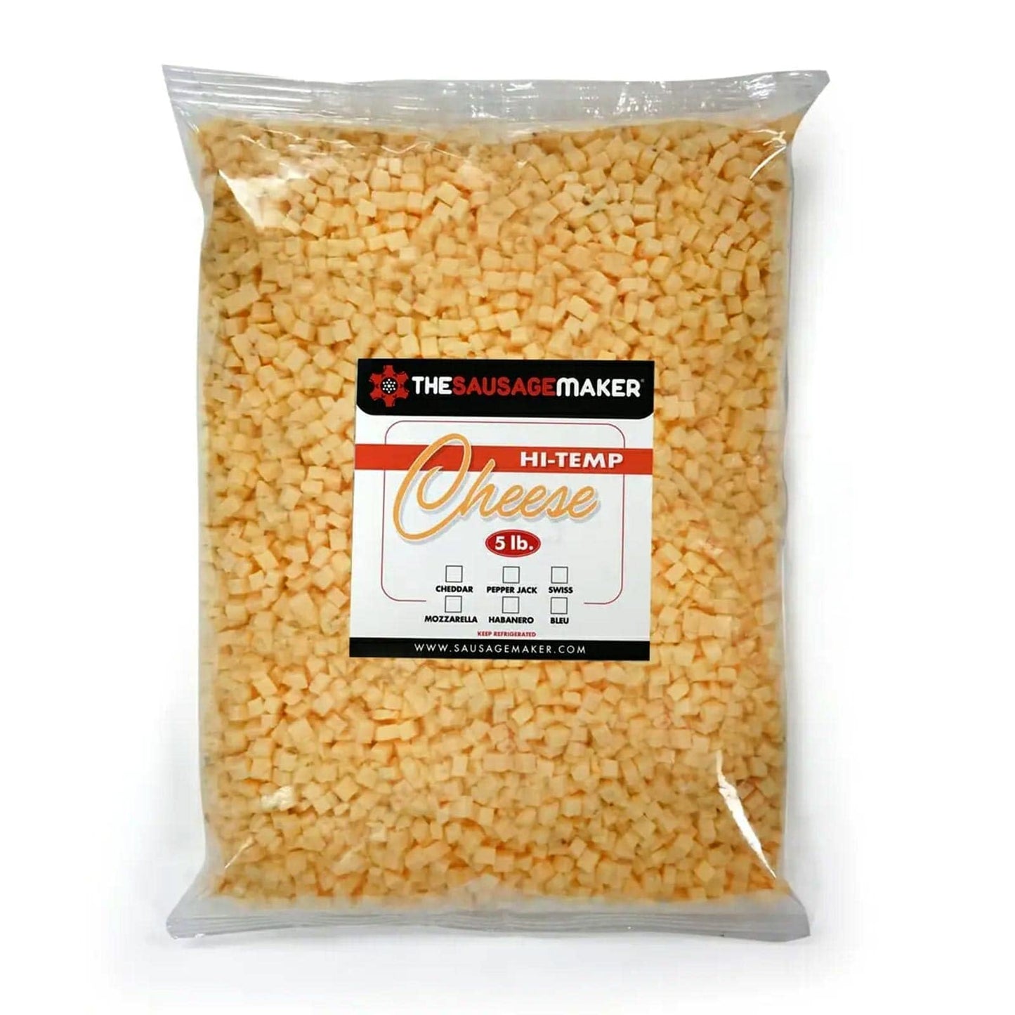 The Sausage Maker® Hi-Temp Cheddar Cheese, 20 lbs, 1/4 Diced Cubes, 400° for Sausage Making and Grilling