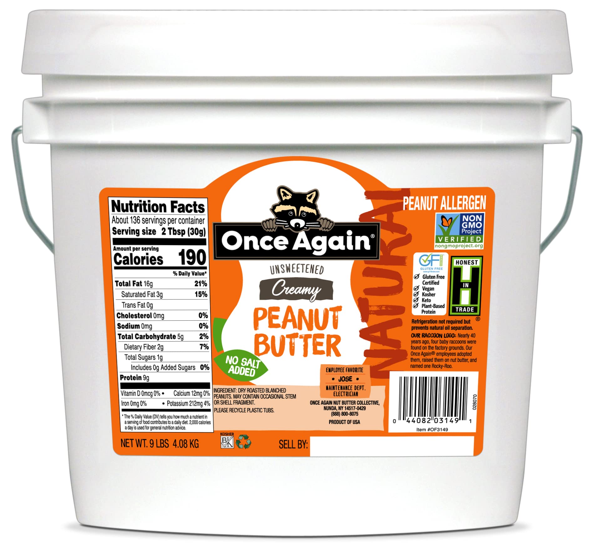 Once Again Natural, Creamy Peanut Butter, 9lb Bucket (same as 9 jars) - Salt Free, Unsweetened - Gluten Free Certified, Vegan, K