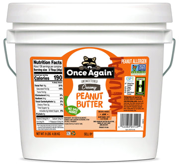 Once Again Natural, Creamy Peanut Butter, 9lb Bucket (same as 9 jars) - Salt Free, Unsweetened - Gluten Free Certified, Vegan, K