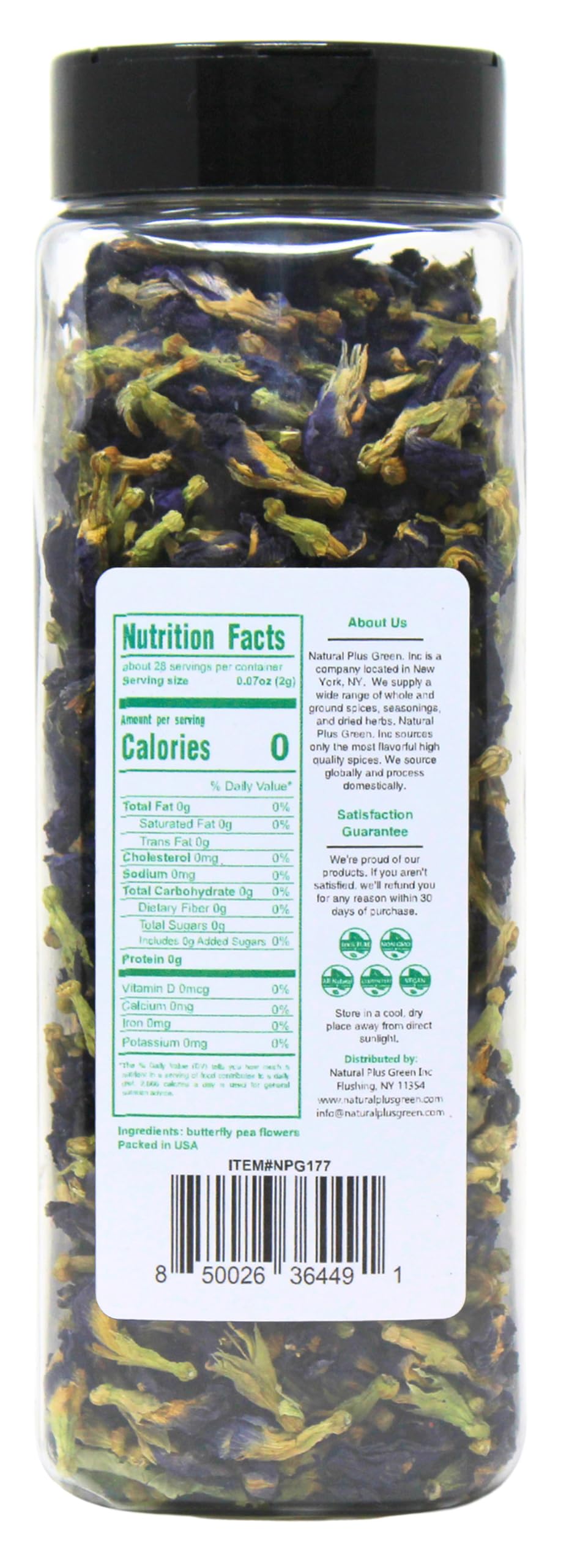 NPG Blue Butterfly Pea Flower Tea, Whole Flower Buds, 2 Oz, Natural Non-GMO, Caffeine-Free, Approx. 875 Ct