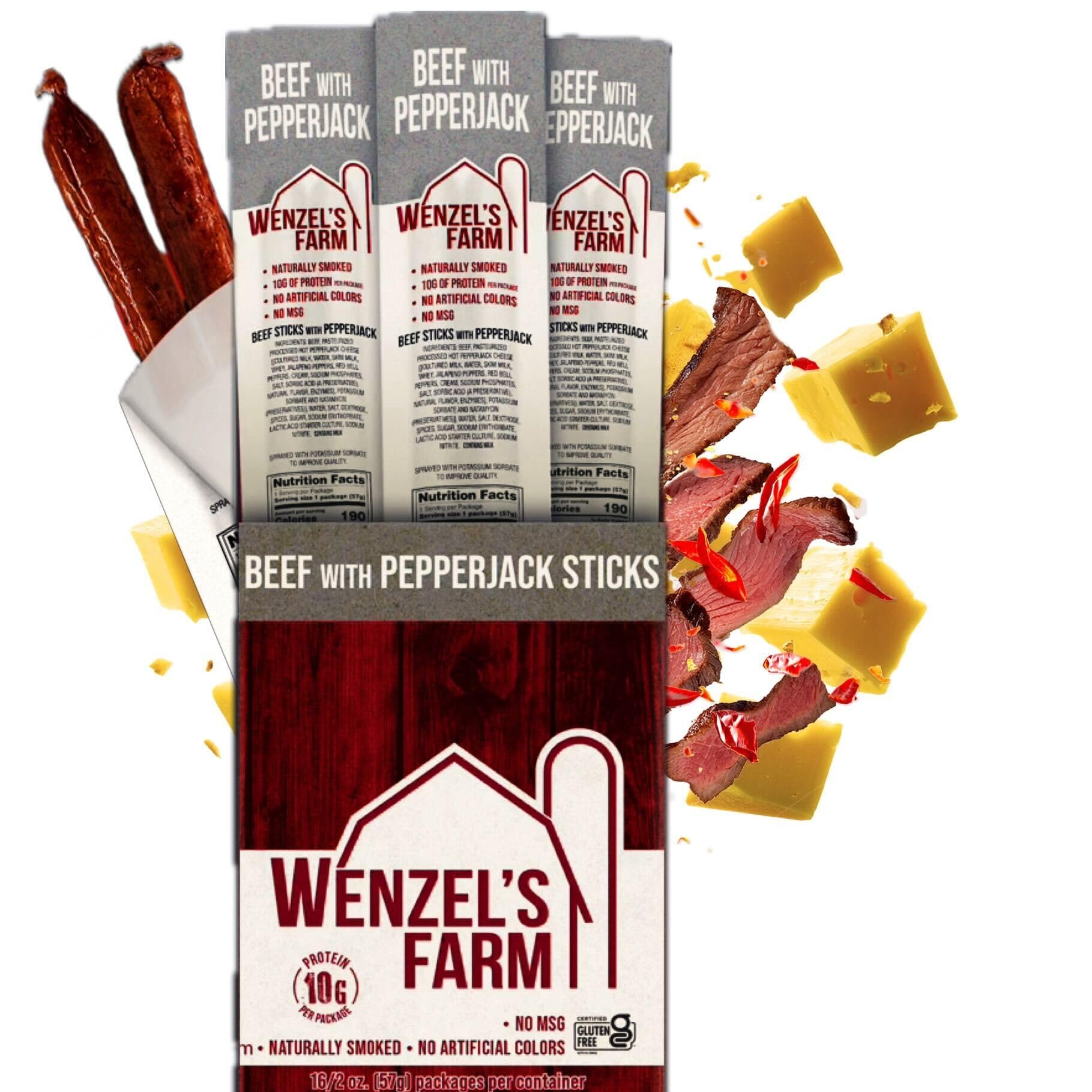 Wenzels Farm Beef Snack Sticks, Naturally Smoked, High Protein, Gluten Free, 32 Count