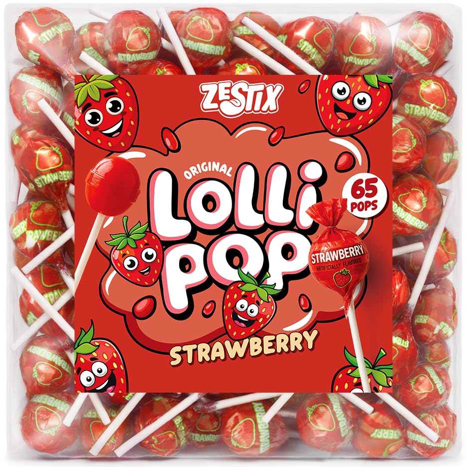 Zestix Strawberry Lollipops – 65 Count Bulk Candy Pack, Individually Wrapped, Sweet Flavor, 17.5 x 5.7 x 18.6 cm