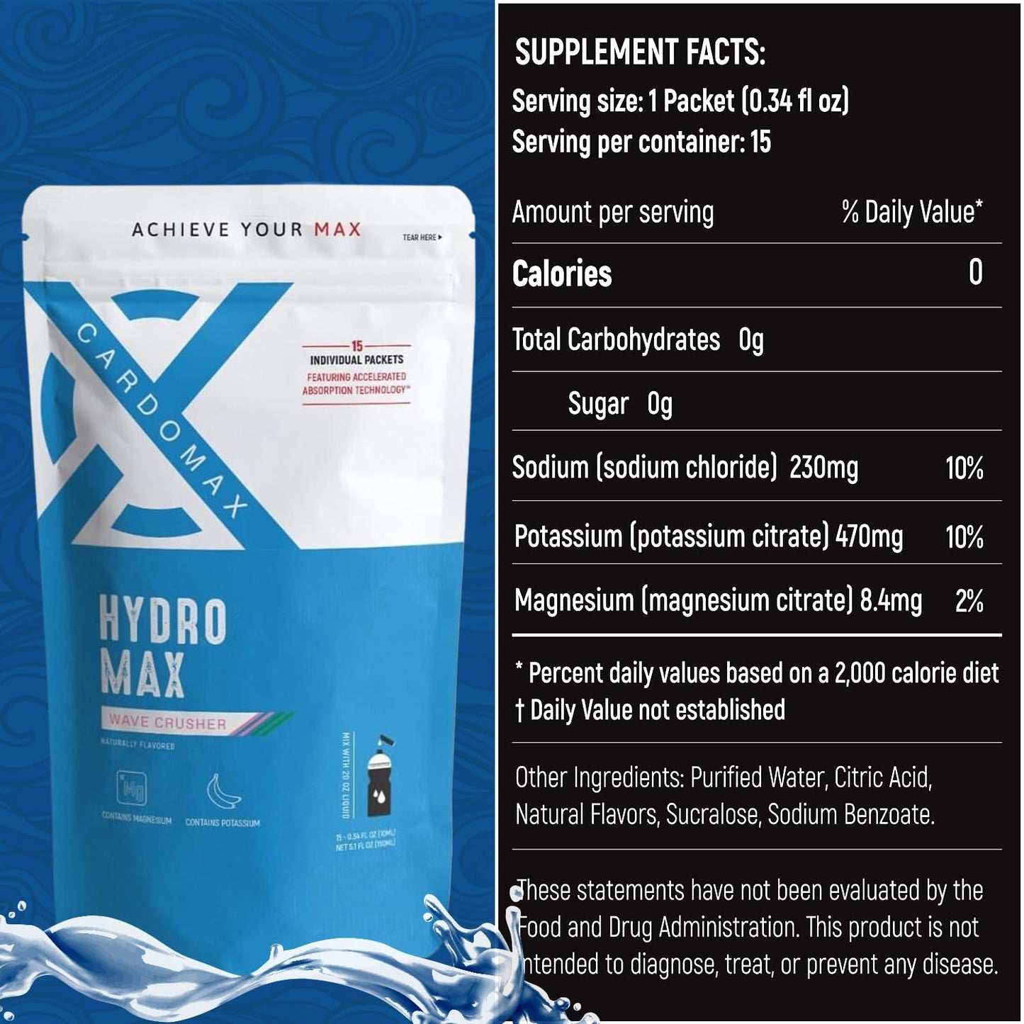 CardoMax Hydration Packet Electrolyte Drink Mix - Hydromax Liquid Water Electrolyte Packets, Zero Calories, Sugar-Free, Keto-Fri