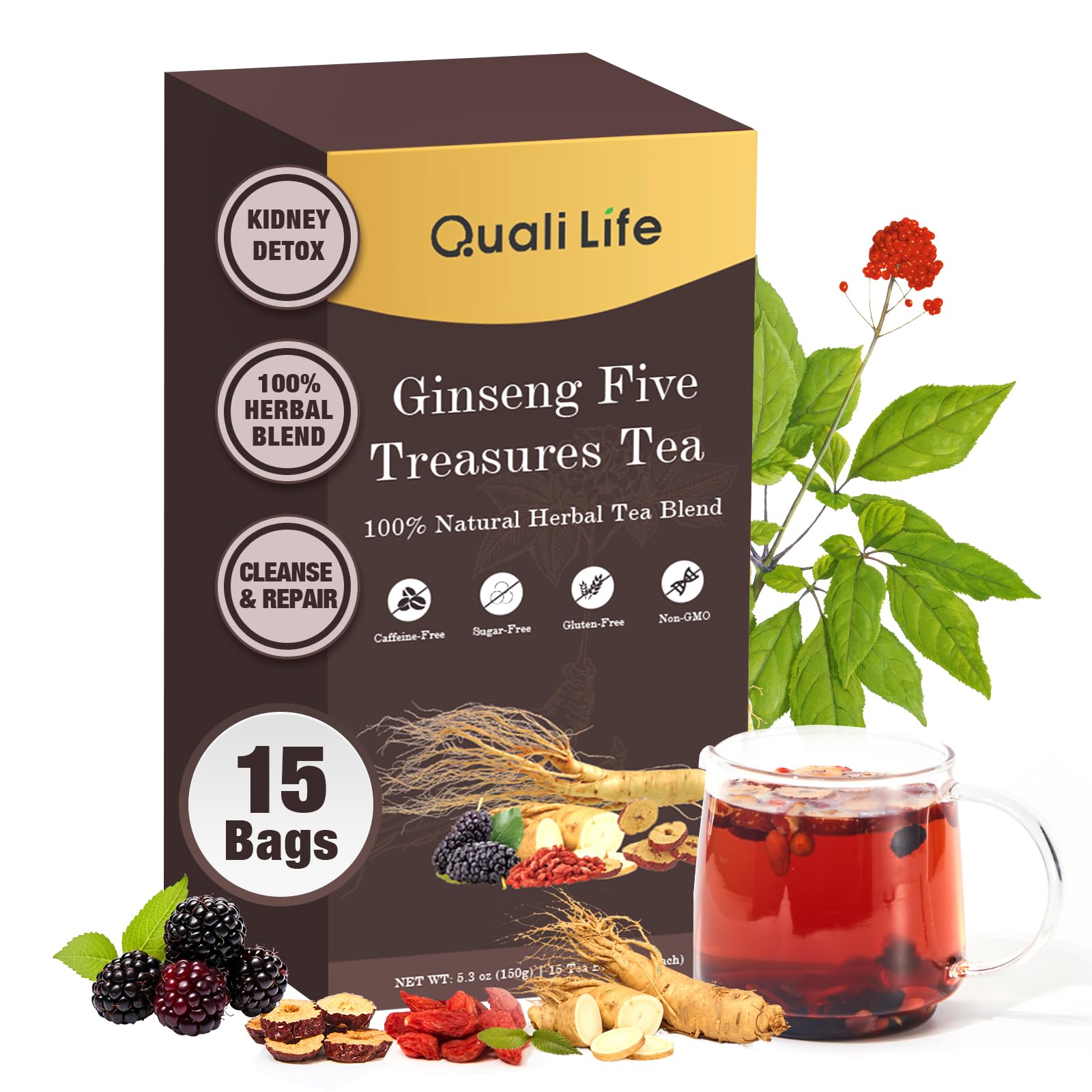 Ginseng Five Treasures Herbal Tea Bags, Traditional Chinese Herbal Blend with 7 Ingredients, Natural Tea for Women & Men (1 Pack