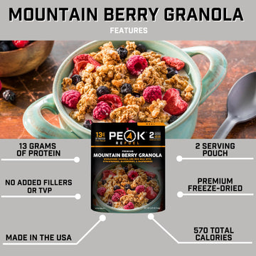 Peak Refuel Mountain Berry Granola With Rice Milk | Vegan, Dairy Free | Freeze Dried Backpacking And Camping Food | Amazing Tast