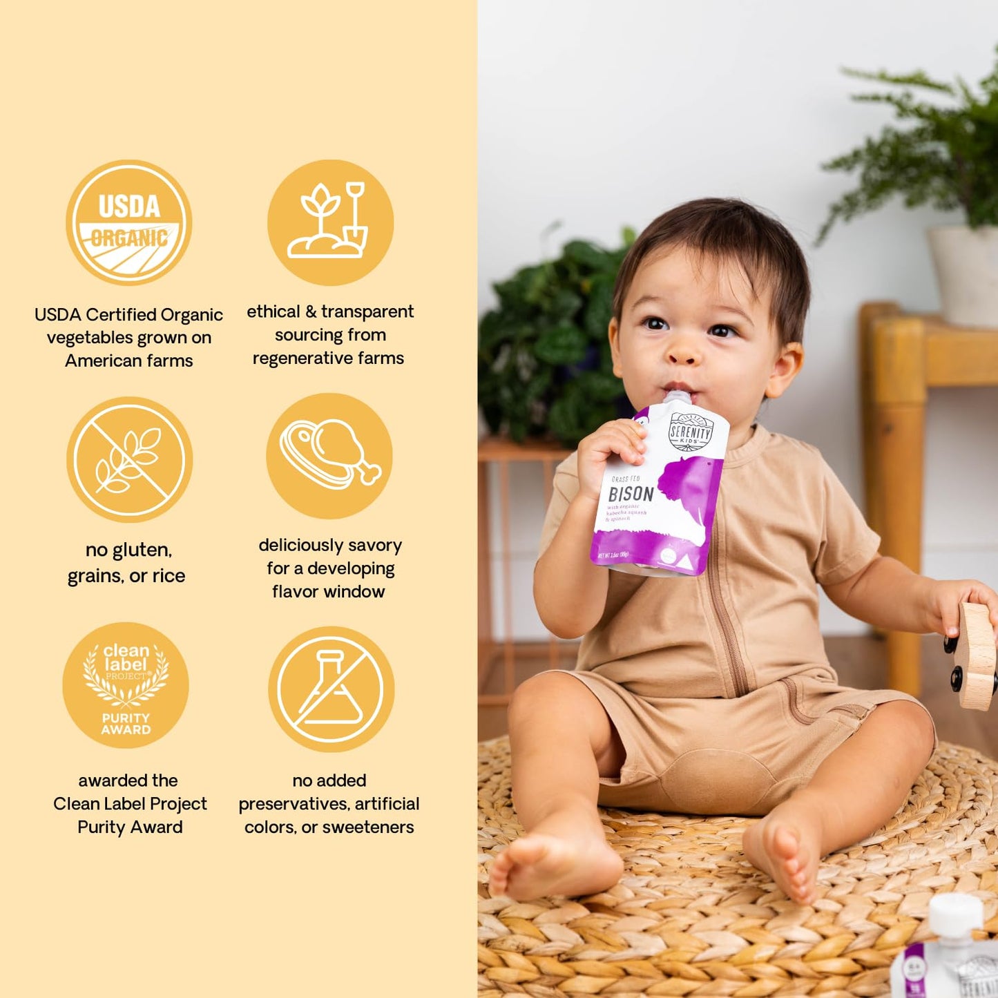 Serenity Kids 6+ Months Baby Food Pouches - Ethically Sourced Grass Fed Bison - Organic Kabocha Squash & Spinach Puree - 3.5 Oz