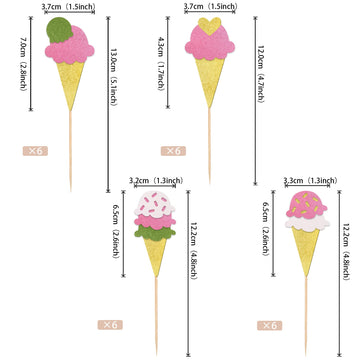 24 Pcs Ice Cream Cupcake Toppers Assembled Glitter Paper Ice Cream Luau Cupcake Picks For Summer Hawaii Theme Baby Shower Weddin