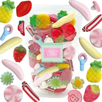 VINTERLAND - Fruity Swedish Candy Mix (1.2 Pounds) - Assorted Swedish Candy Sweet Mix - Red Strawberry Licorice - Yellow Bananas - Pink Mushrooms - Happy Flowers - Juicy Berries - Circus Pens  and more - Fruity Edition