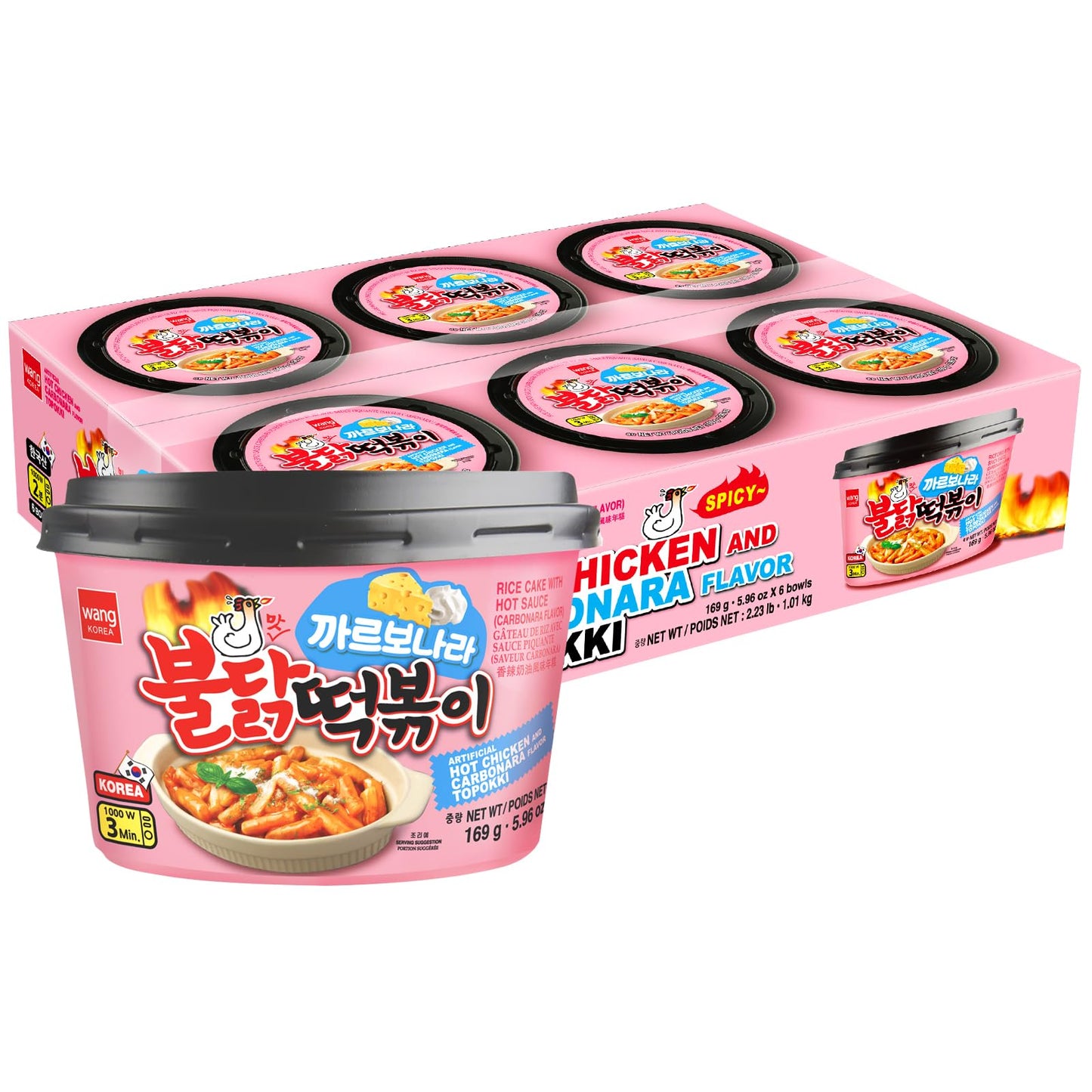 Wang Buldak Carbonara Tteokbokki Rice Cakes - Korean Spicy Topokki with Creamy Hot Chicken Sauce, Ready in 5 Minutes - Pack of 6