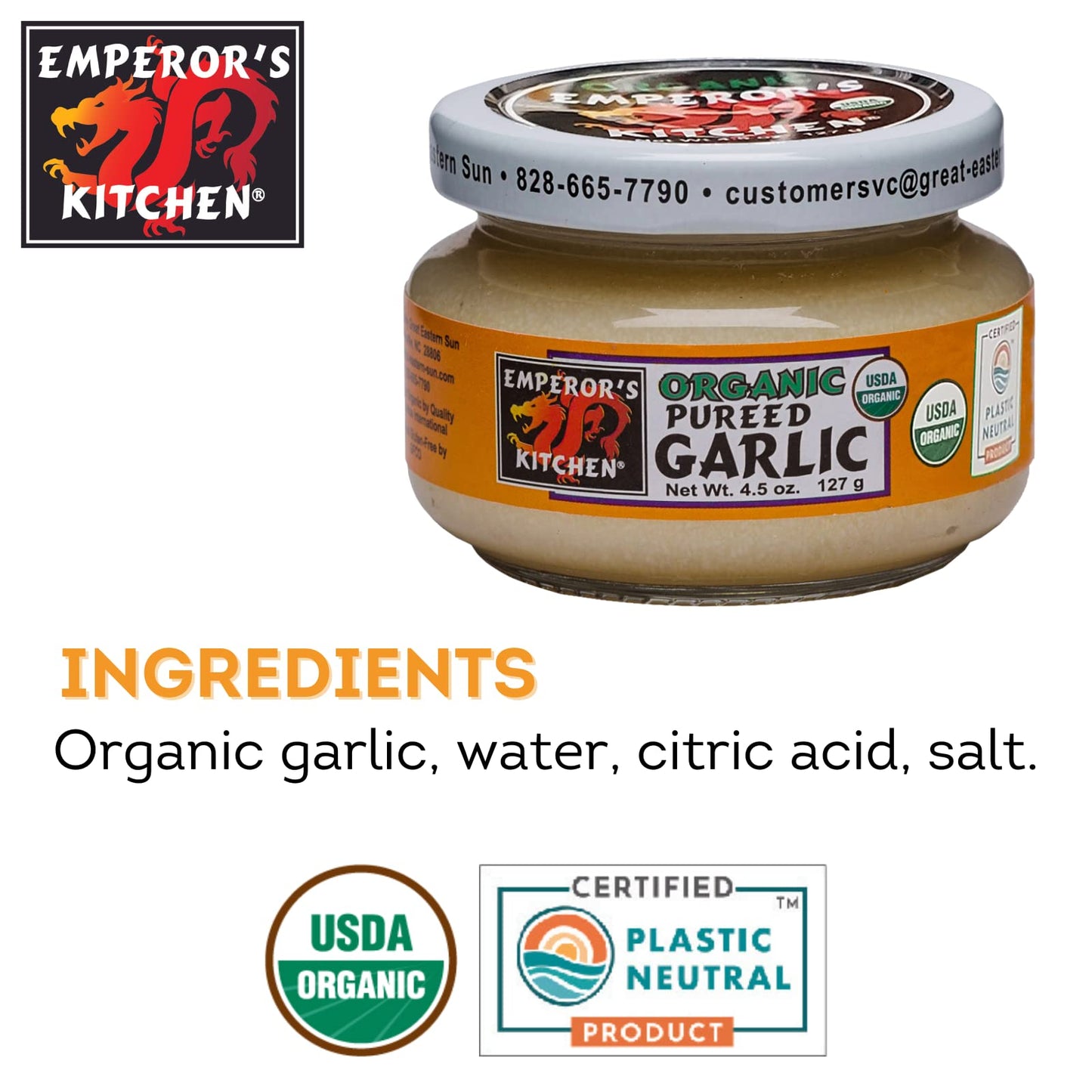 Emperor'S Kitchen Organic Pureed Garlic, Usda Certified Organic, Ready To Use, Convenient For Cooking, 4.5 Oz Jar (Pack Of 4)