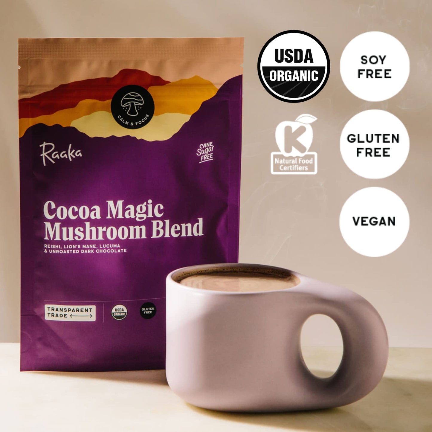 Raaka Cocoa Magic Mushroom Hot Chocolate Blend With Lions Mane, Reishi And Lucuma - Gourmet Adaptogenic Mushroom Hot Chocolate -