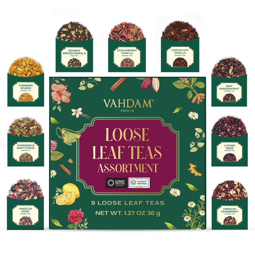 VAHDAM Top 9 Exotic Loose Leaf Herbal Tea Sampler (18+ cups) | No Caffeine | Floral & Fruity Blends with Delicious Taste | Hot & Iced | Perfect for Gifting & Regular Consumption