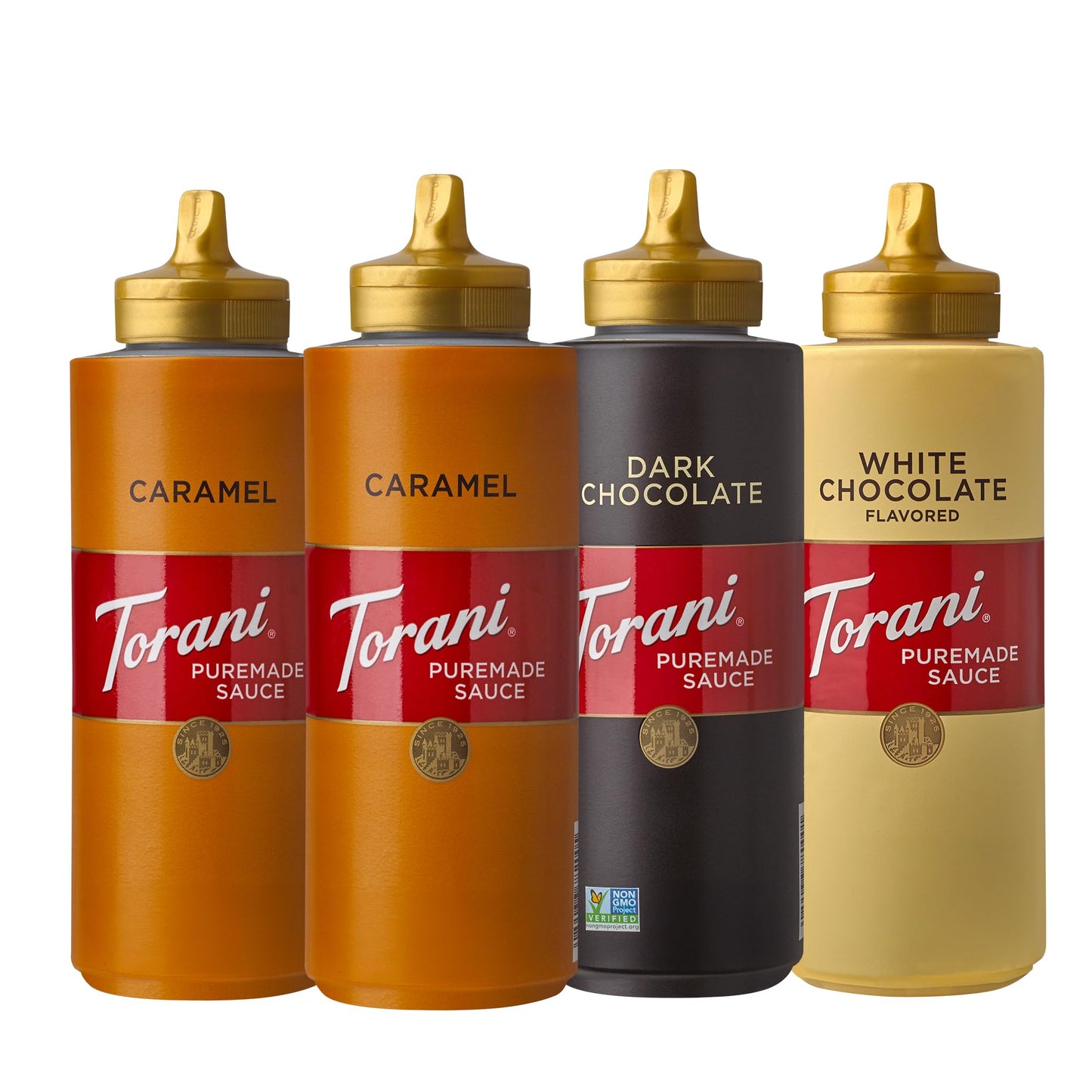 Torani Puremade Dessert & Drink Sauce Variety Pack  Dark Chocolate  White Chocolate & 2 Caramel  16.5 fl oz (Set of 4)