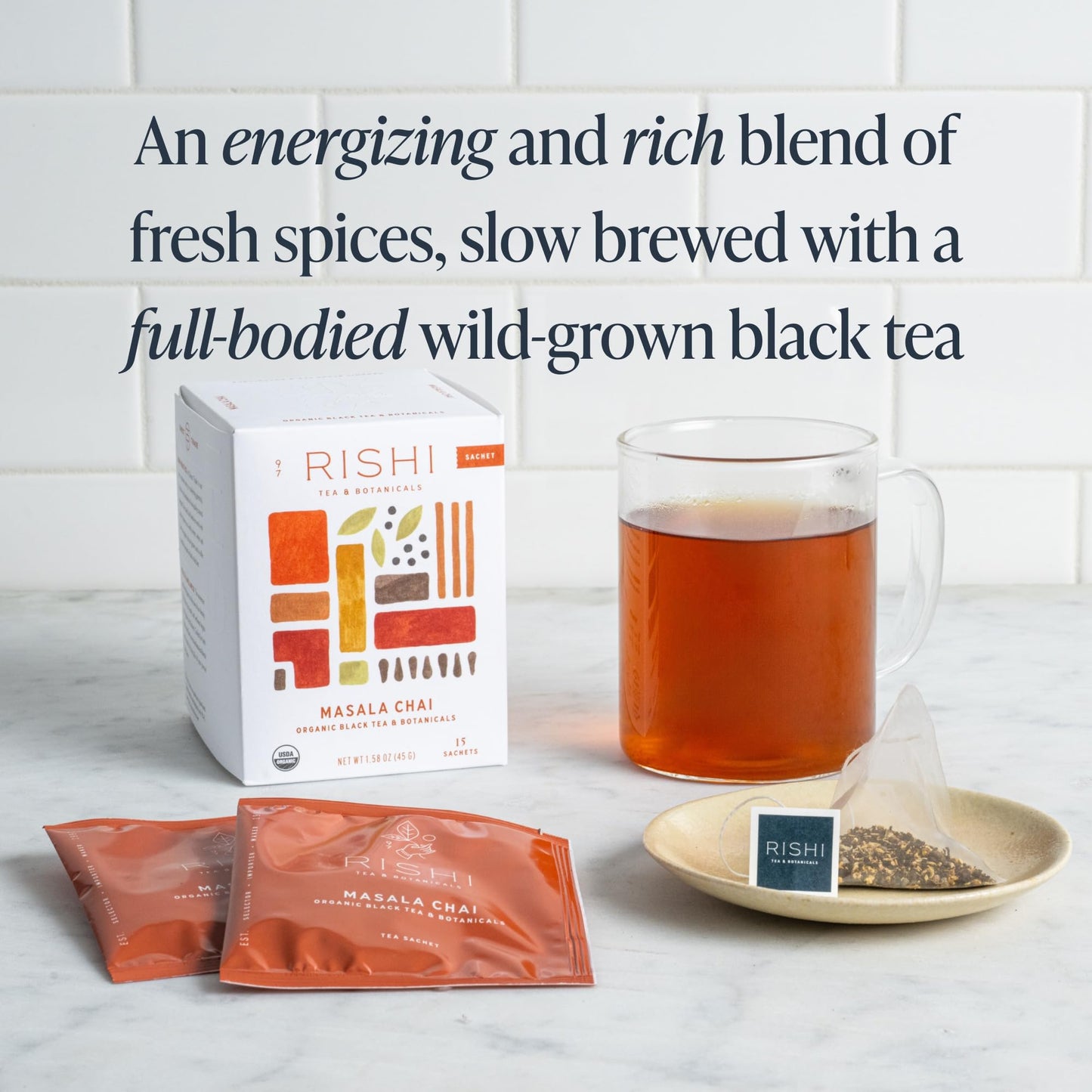 Rishi Tea Masala Chai Tea - Organic Sachet Tea Bags, Assam Black Tea Blend with Whole Spices, Energizing & Caffeinated - 15 Coun