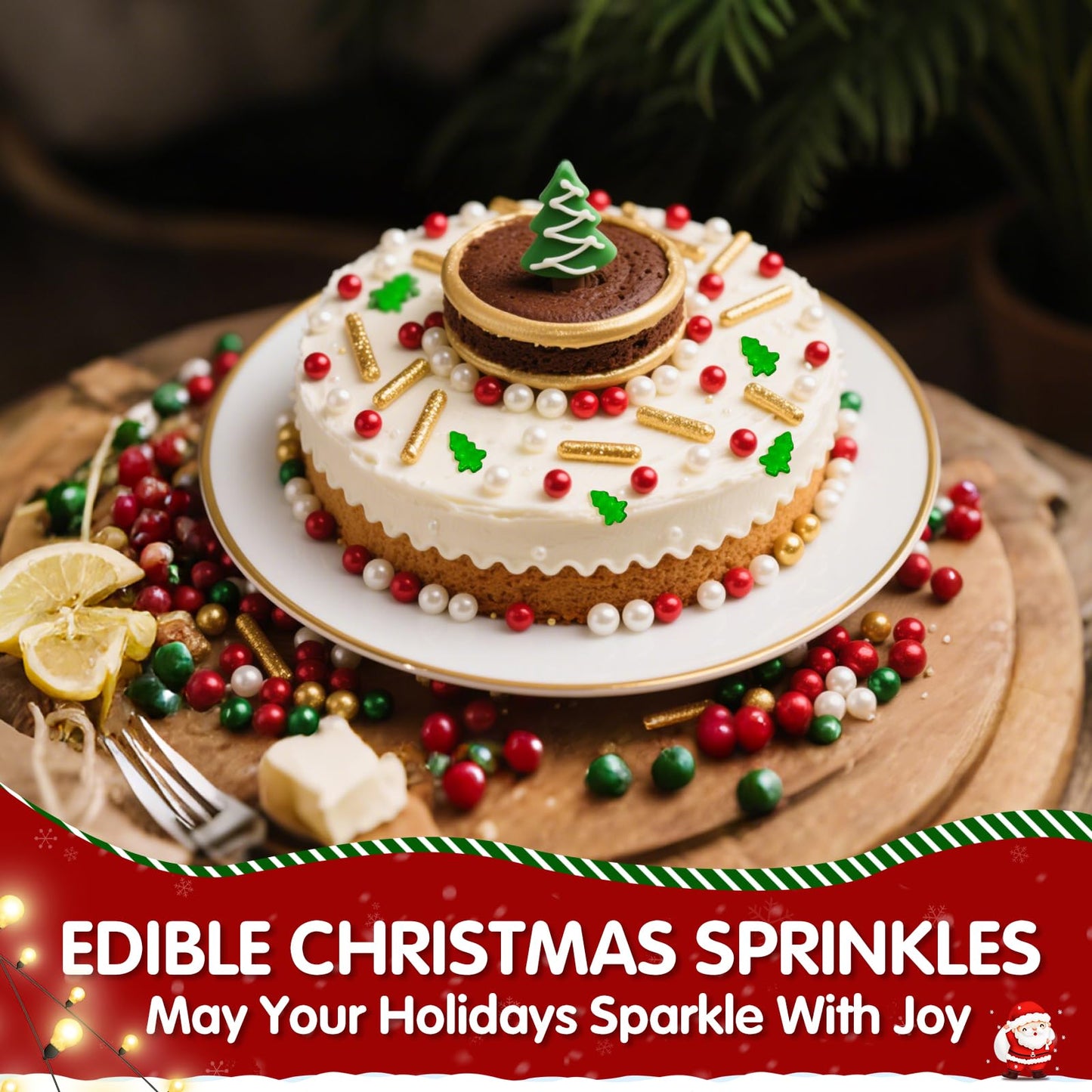 Christmas Tree Sprinkles for Cake Decorating,130g Red Gold and White Pearl,Gold Rods Green Trees Mixed,Edible Sugar Holiday spri
