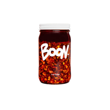 Boon Sauce Chili Oil, Spicy with Garlic and Anchovies, 8 Ounces, Glass Jar