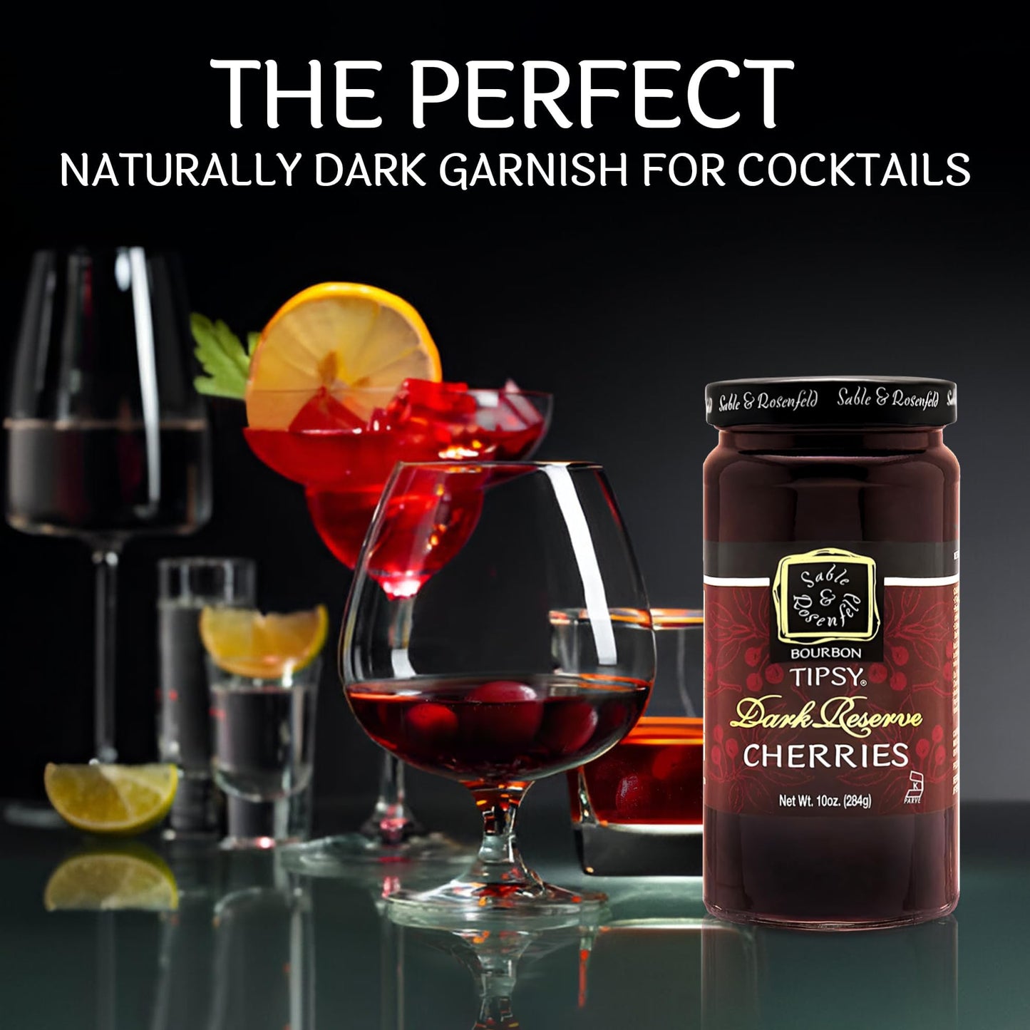 Sable & Rosenfeld spirit-inspired flavor Tipsy Dark Reserve Cherries, 10 oz Jar, Kosher Garnish for Desserts