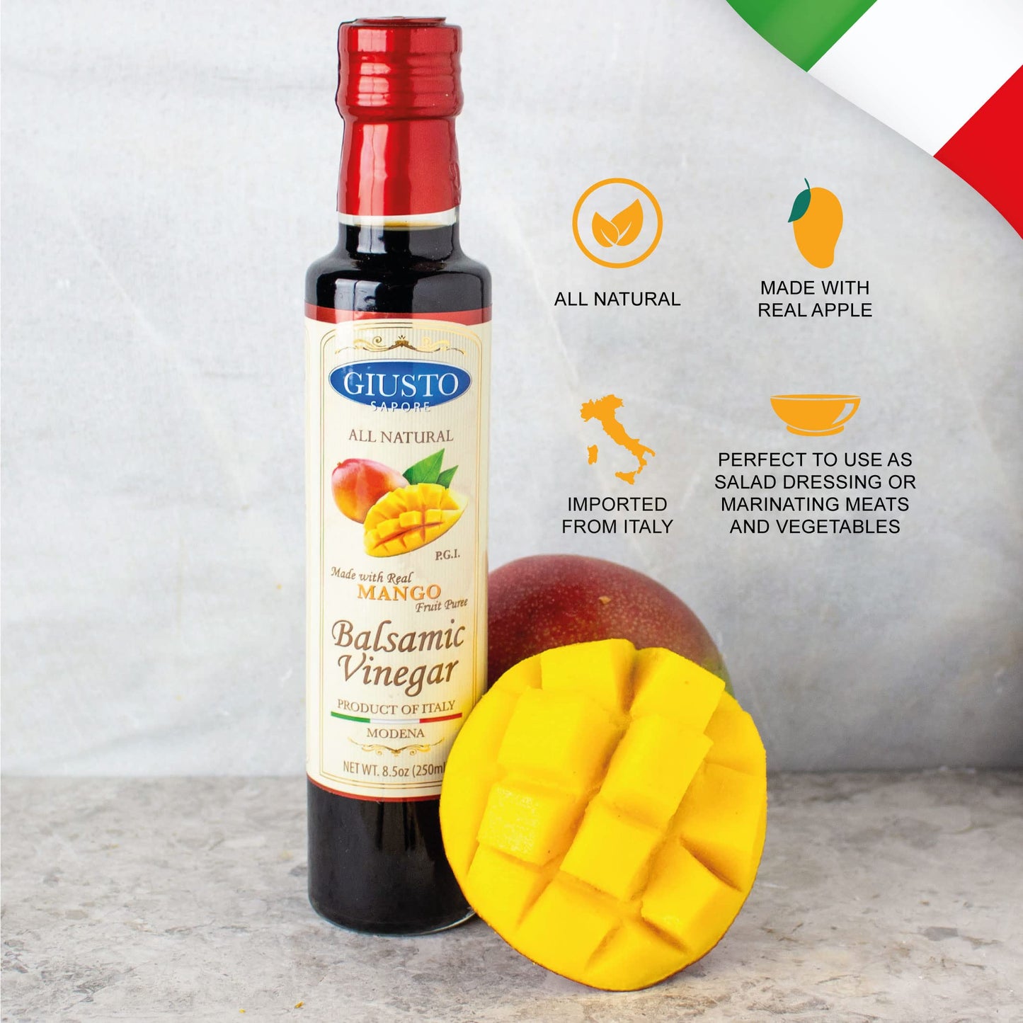 Giusto Sapore Mango Balsamic Vinegar - All Natural, Imported from Italy - 8.5oz