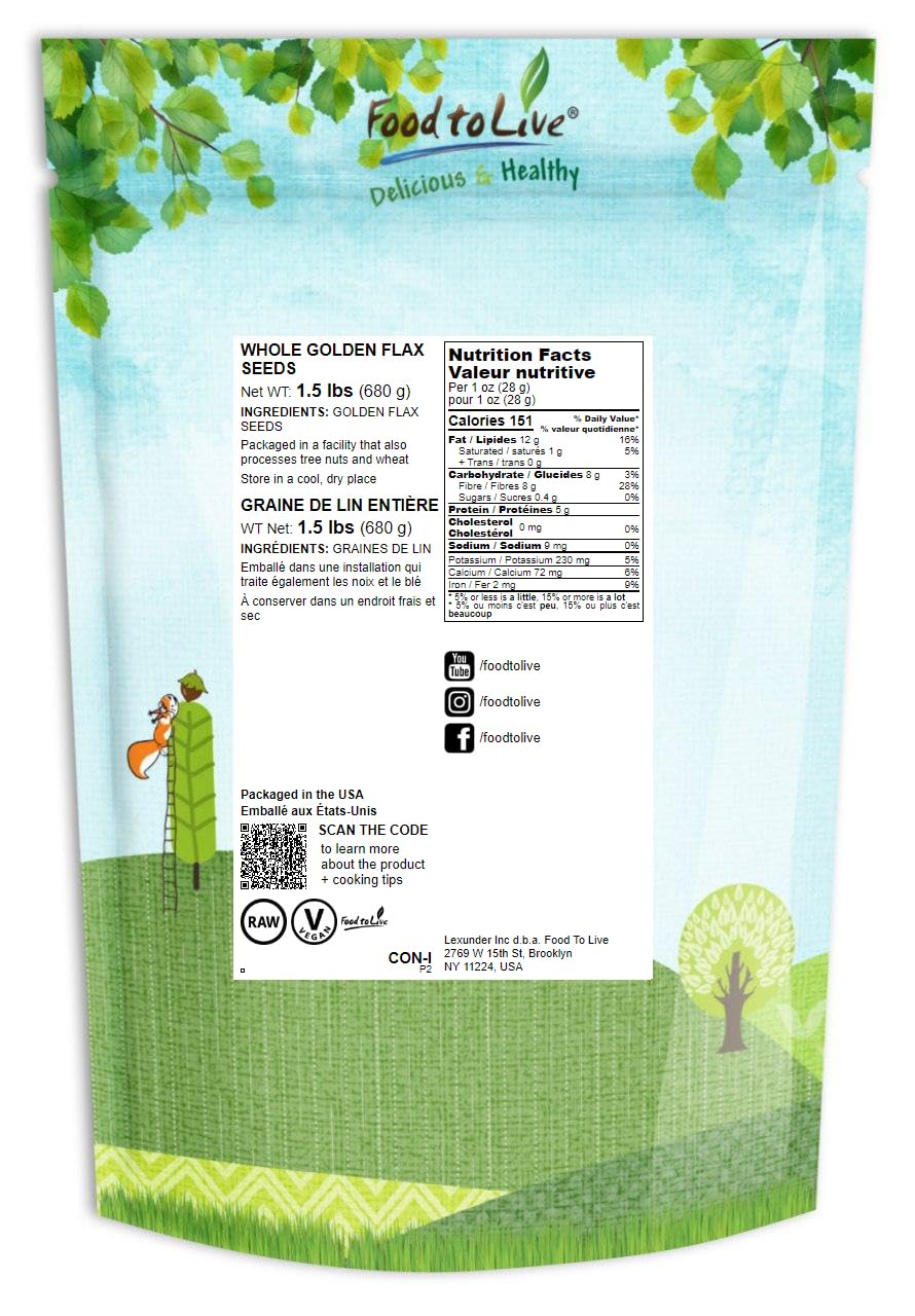Food to Live Golden Flax Seeds, Premium Whole Flaxseeds, Raw, Vegan, 1.5 Pounds