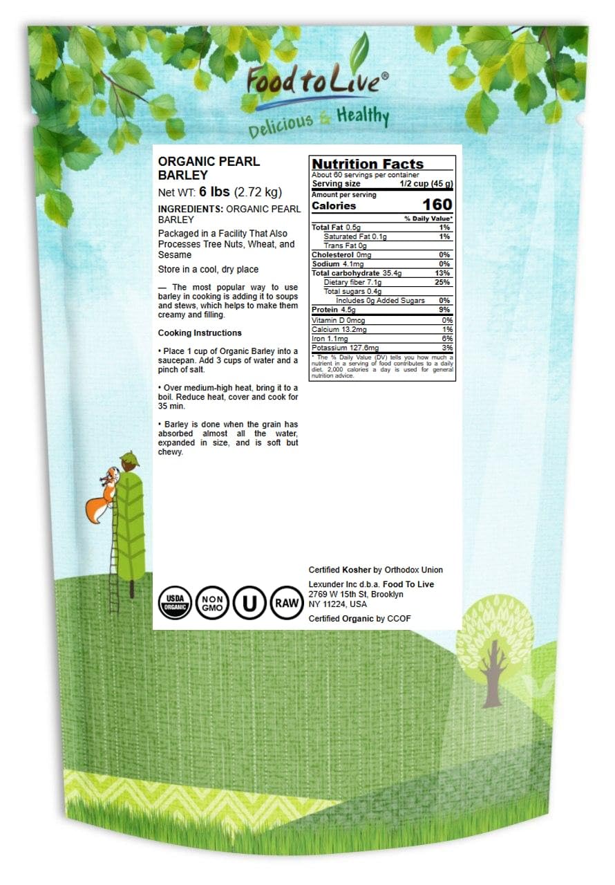 Food to Live Organic Pearl Barley, 6 Pounds - Non-GMO, Polished Unhulled Barley, Kosher, Vegan, Bulk. Cooks Faster than Hulled B