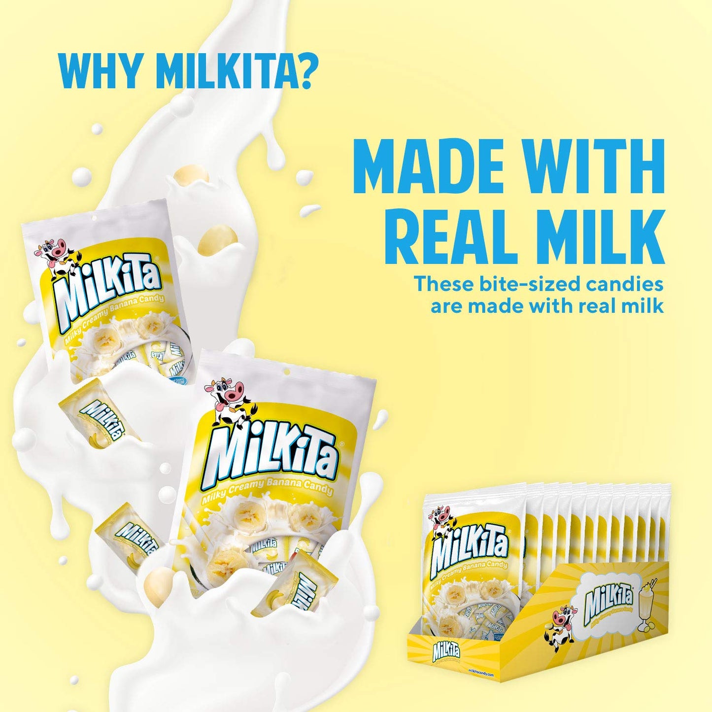Milkita The Real Milk Candy, Gluten Free Chewy Candies With Calcium & Real Milk, Zero Trans Fat, Low-Sugar, Banana Flavor, 25 Pcs