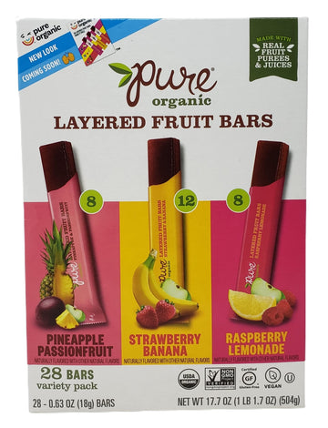 Pure Organic Layered Fruit Bars - Pineapple Passion Fruit, Strawberry Banana, Raspberry Lemonade - 56 Count Box