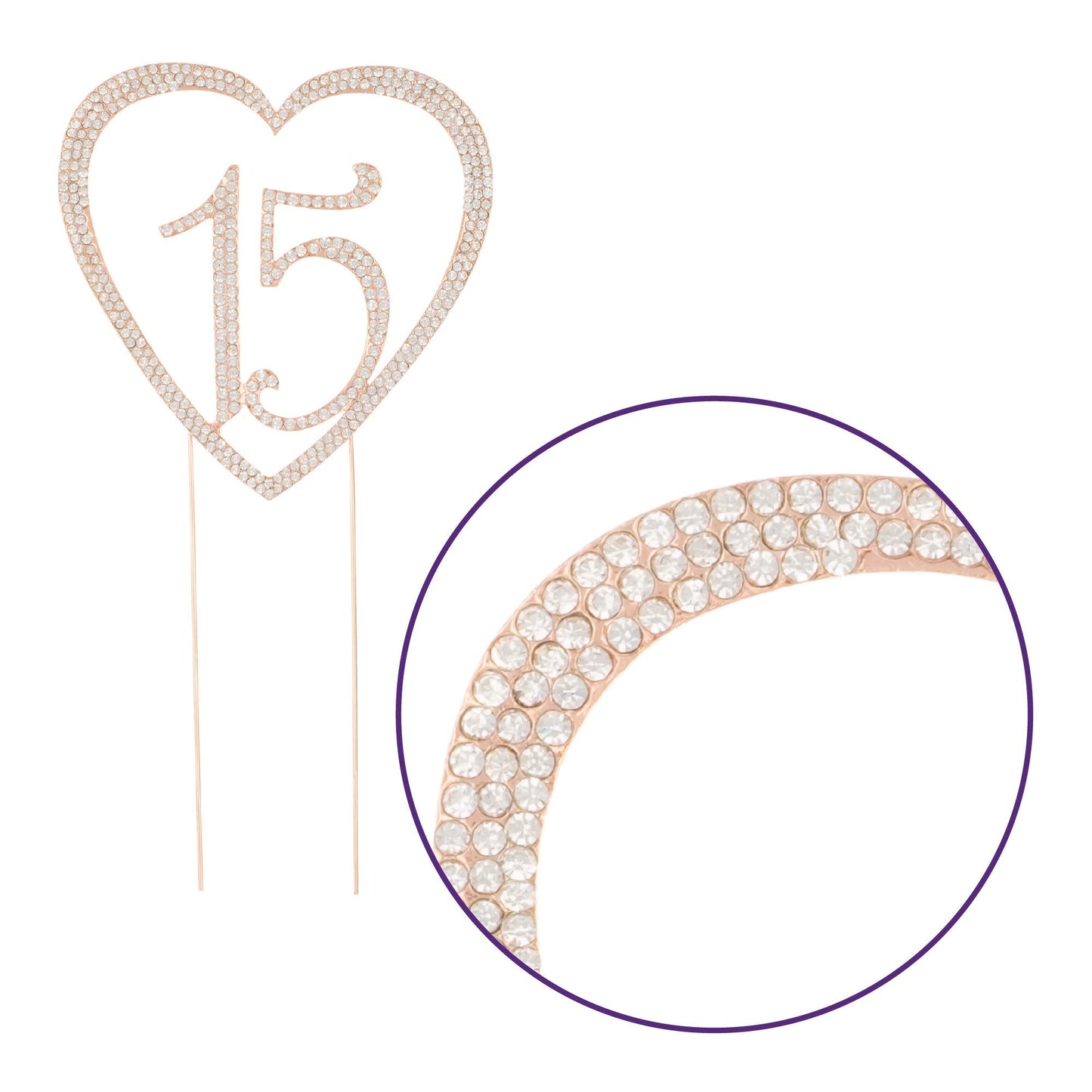 Ella Celebration Quinceaera Number 15 Cake Topper Rhinestone Metal 15Th Birthday Decoration (Rose Gold)