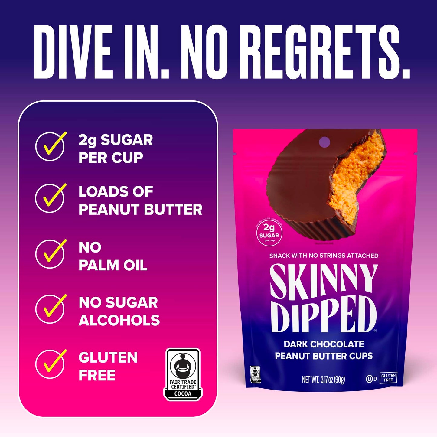 SkinnyDipped Dark Chocolate Peanut Butter Cups, 2g Sugar per Cup, Keto Friendly, Low Carb, Gluten Free, 3.2oz, 4 Pack (24 Cups T