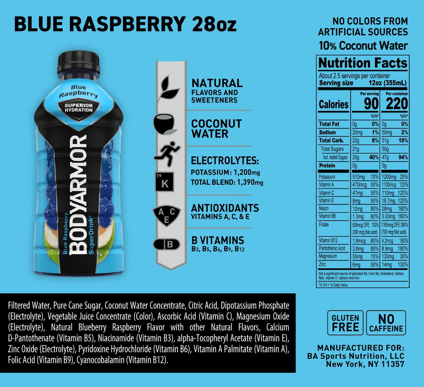 BODYARMOR Sports Drink Sports Beverage, Blue Raspberry, Coconut Water Hydration, Natural Flavors With Vitamins, Potassium-Packed