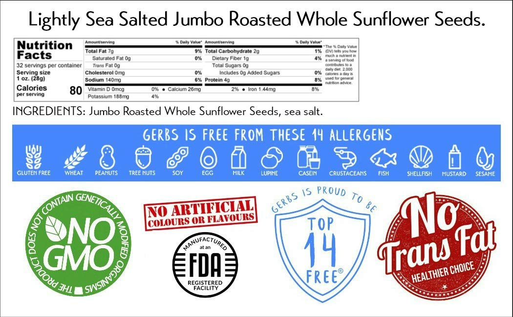 GERBS Jumbo Lightly Sea Salted Sunflower Seeds - Vegan, Non-GMO, 2 lbs, Top 14 Allergen Free, Kosher, Grown in USA