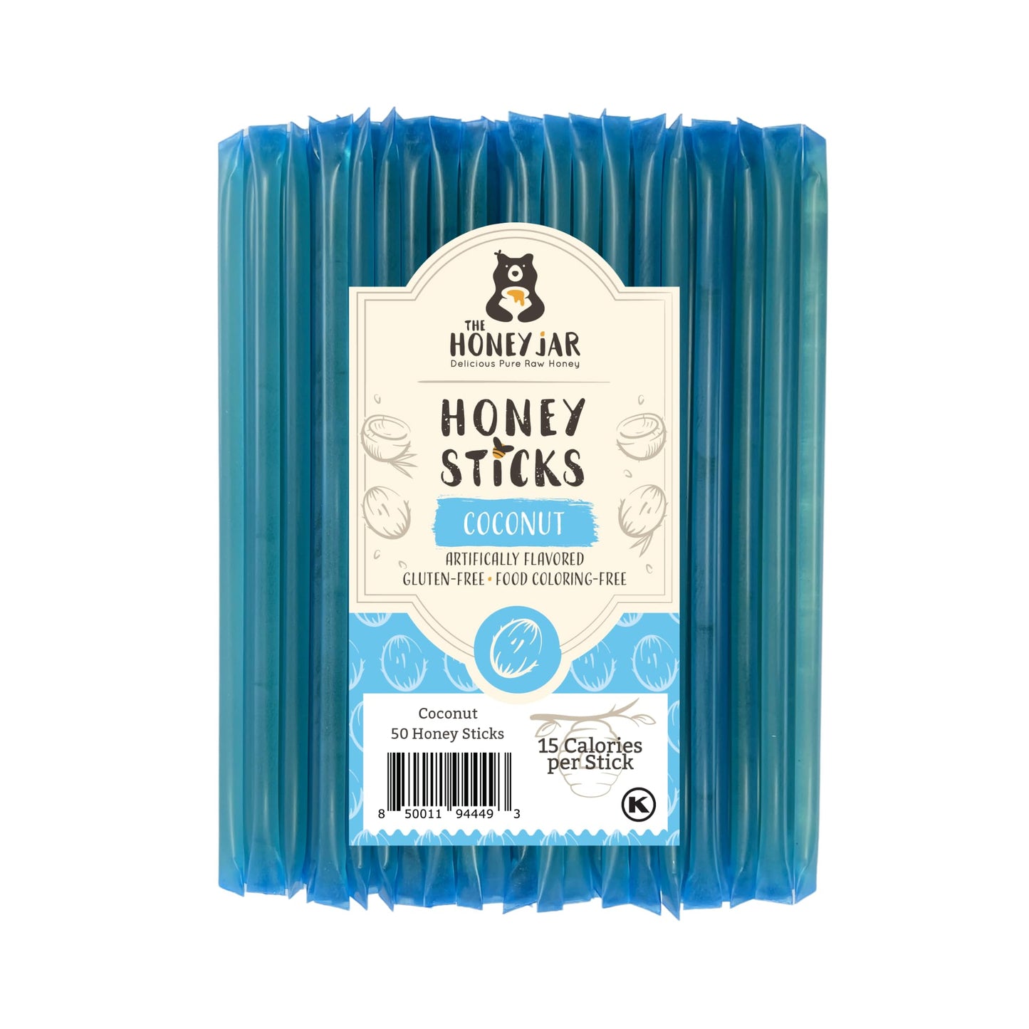 The Honey Jar Coconut Flavored Honey Sticks - Pure Honey Straws - 50 Count - Blue Coconut