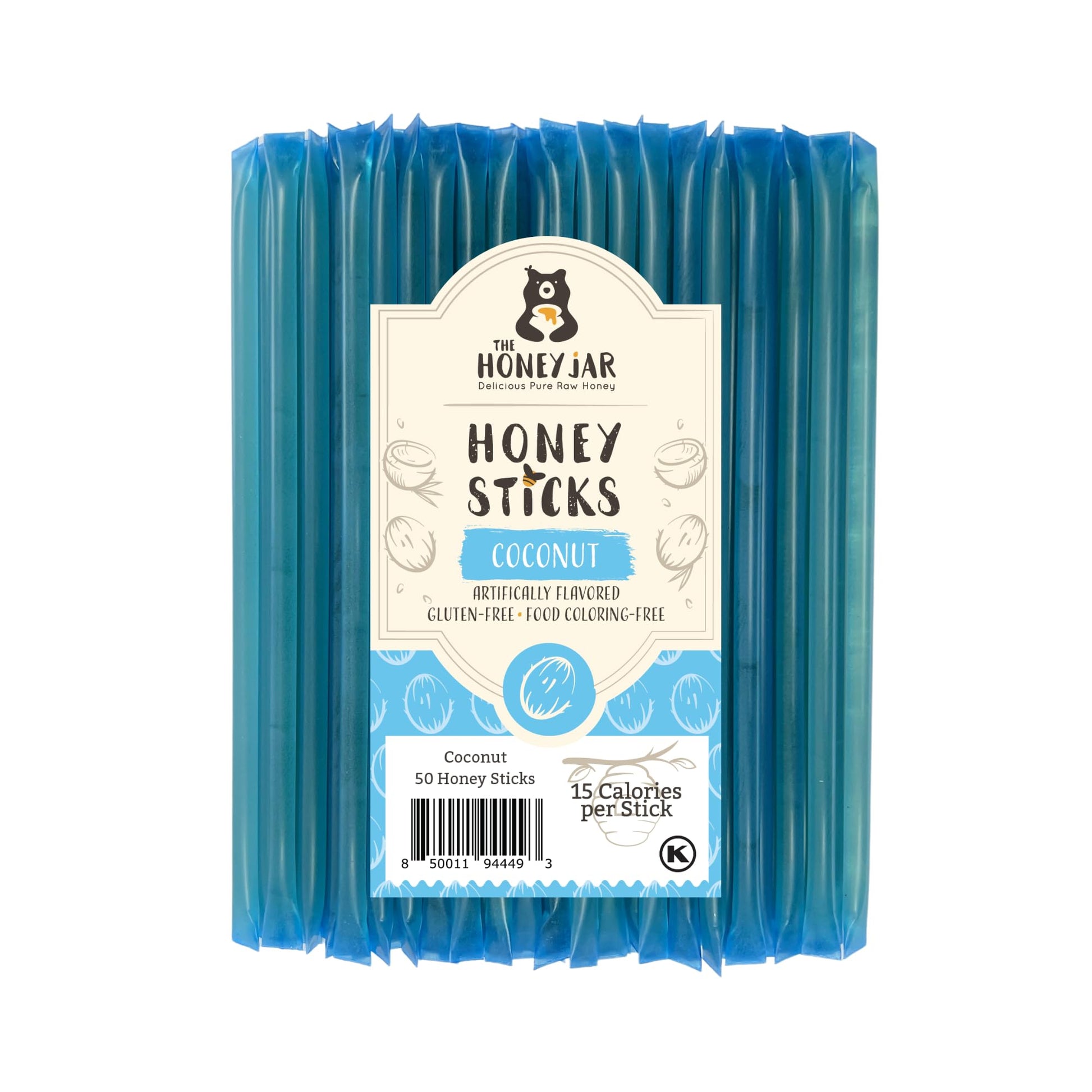 The Honey Jar Coconut Flavored Honey Sticks - Pure Honey Straws - 50 Count - Blue Coconut