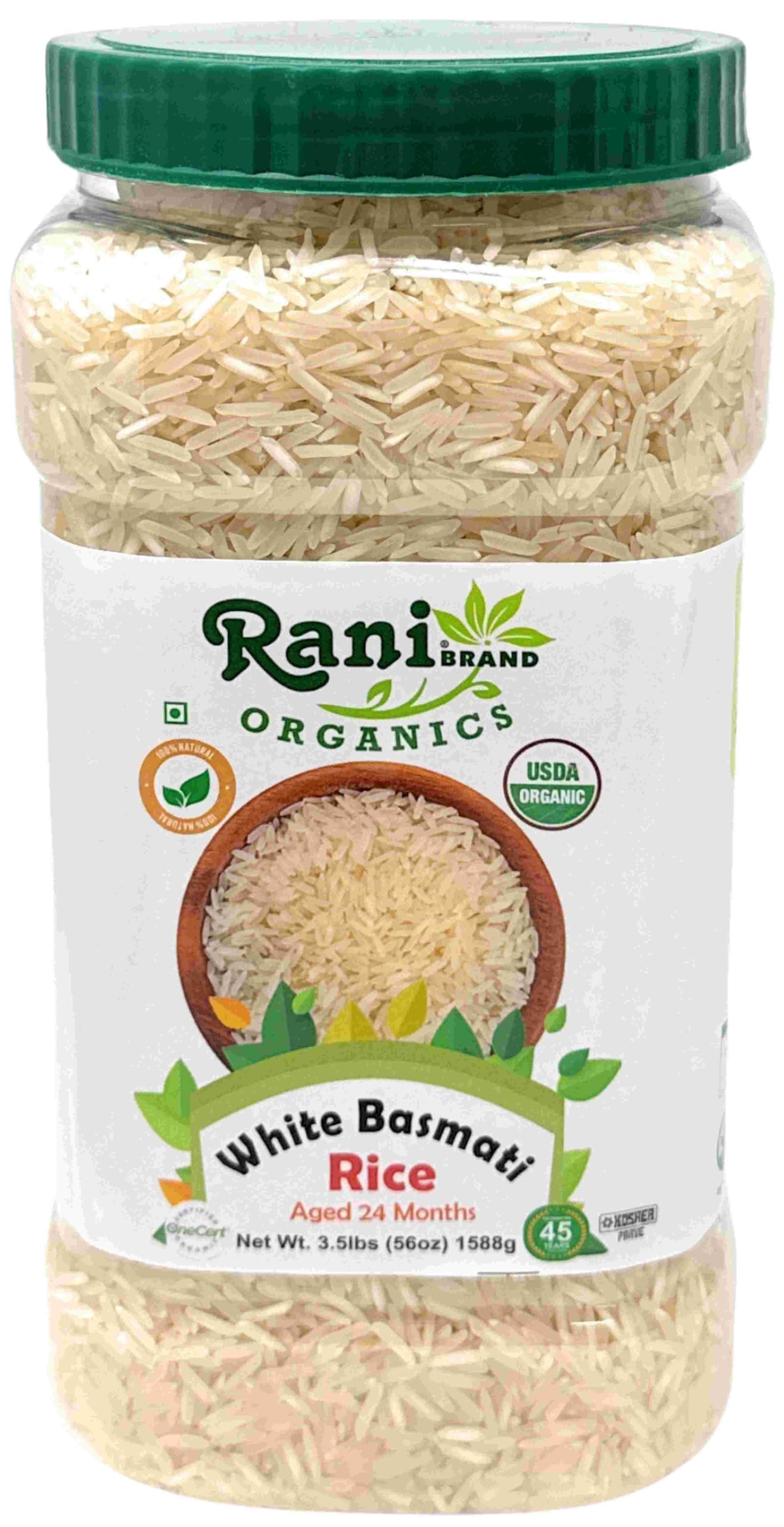 Rani Organic Platinum White Basmati Rice Extra Long Aged 56oz (3.5lbs) 1.59kg PET Jar ~ All Natural | Gluten Friendly | Vegan | 