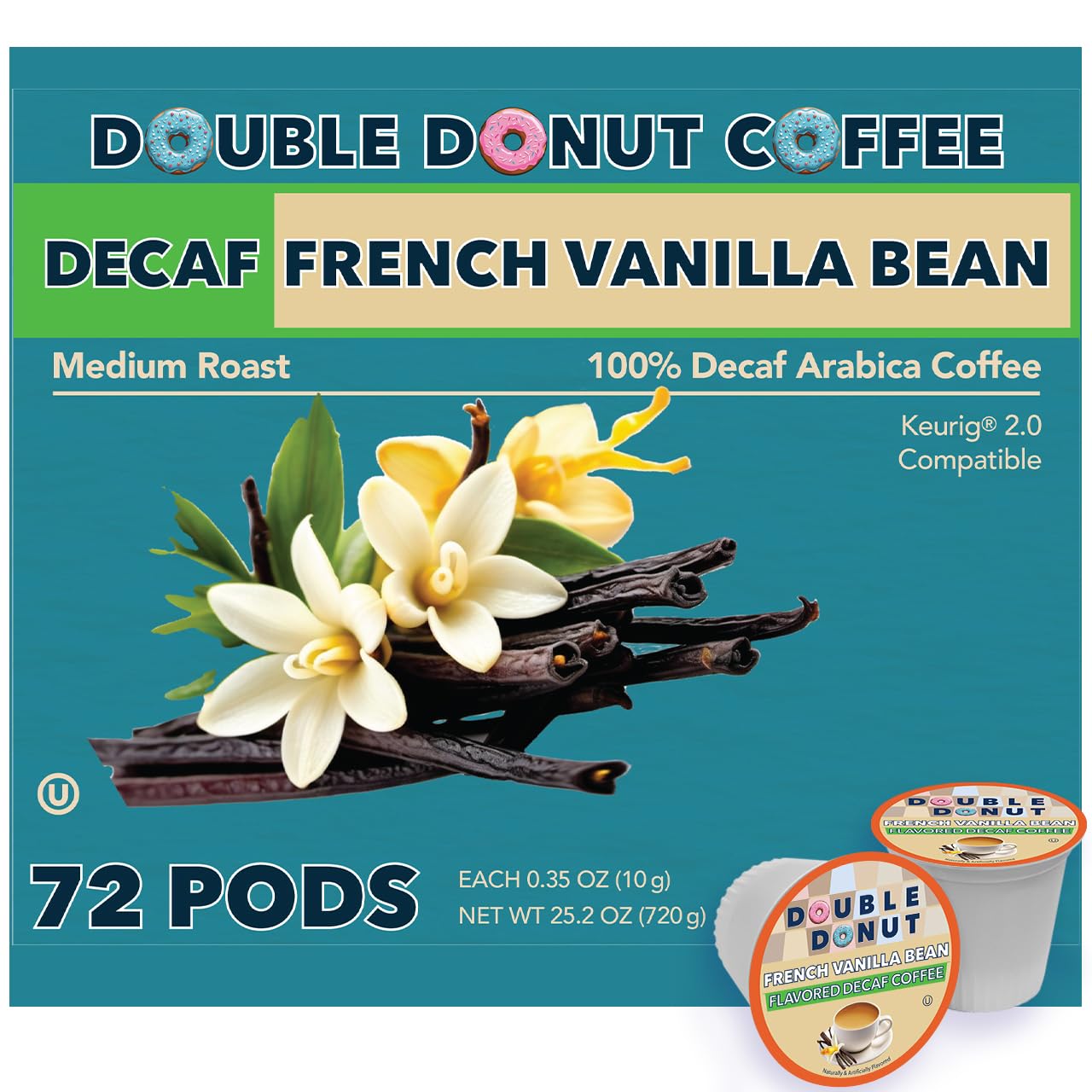 Double Donut Coffee Decaf French Vanilla Coffee Pods, Medium Roast, 72 Count, For Keurig K Cup Brewers