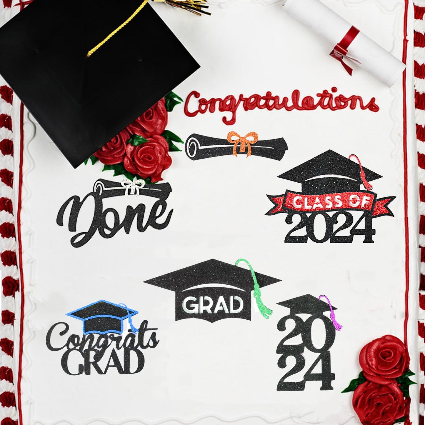 Chewarelly 24 Pack 2024 Graduation Cupcake Toppers Set, Glitter Congrats Grad Cake Decor, Graduation Cake Picks For Senior High