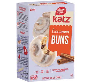 Katz Gluten Free Cinnamon Buns. Made With Real Cinnamon and Covered In A Sweet Glaze.Tree Nut Free, Dairy Free. Soy Free. Kosher