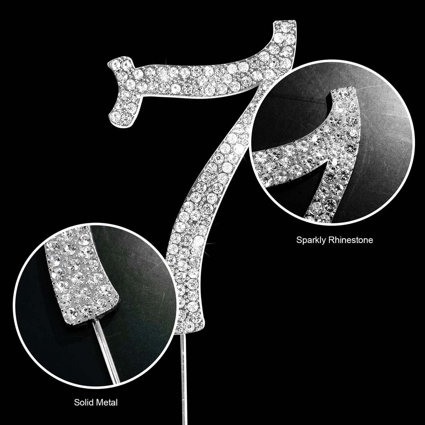 Number Cake Topper 7, Uniideco Silver Rhinestone Premium Metal Bling Bling Cake Decor, Sparkly Happy Birthday Wedding Anniversar