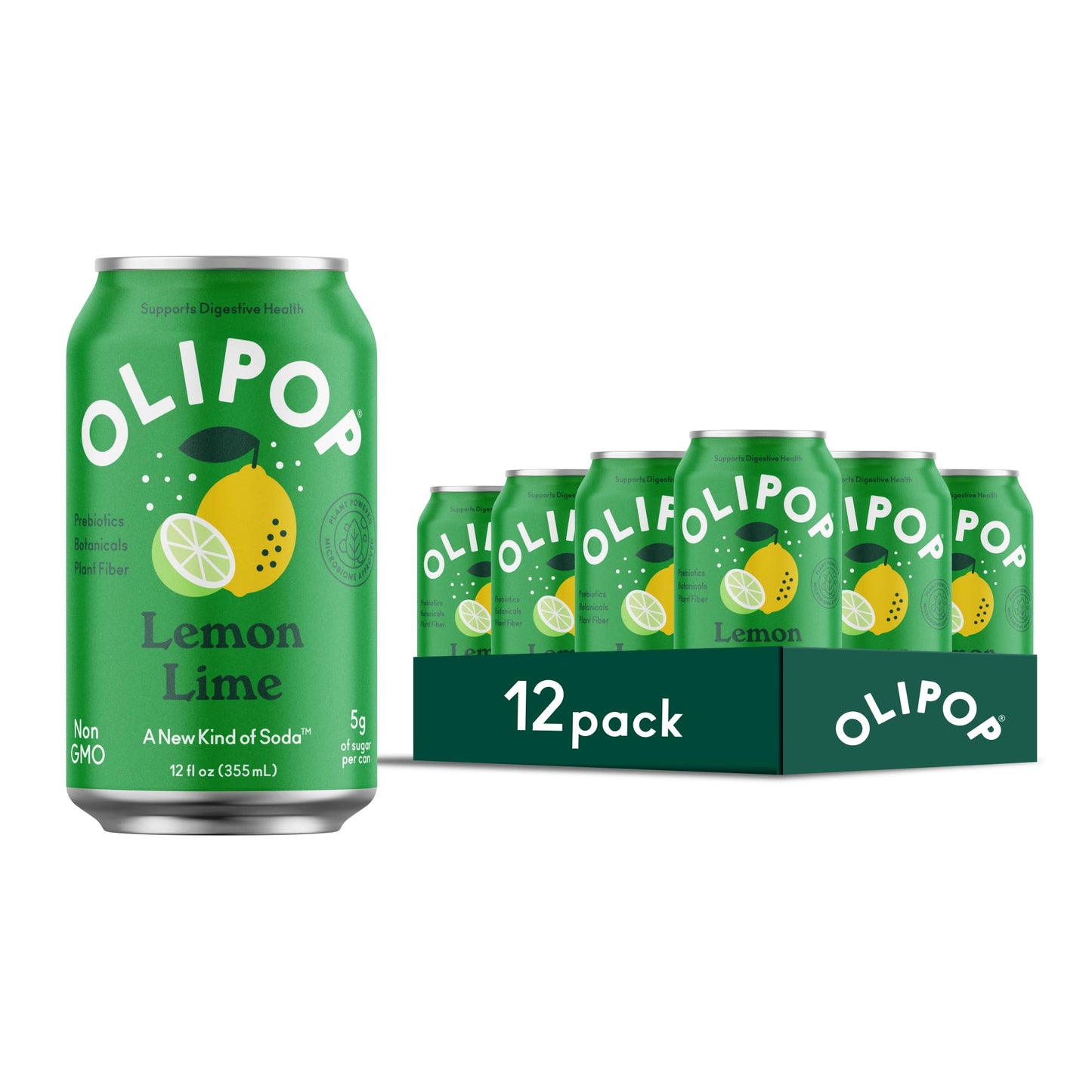 OLIPOP Prebiotic Soda Pop, Lemon Lime, Pantry Pack Packed with Prebiotics, Fiber, and Botanicals, Gluten Free, Vegan, GMO Free, 