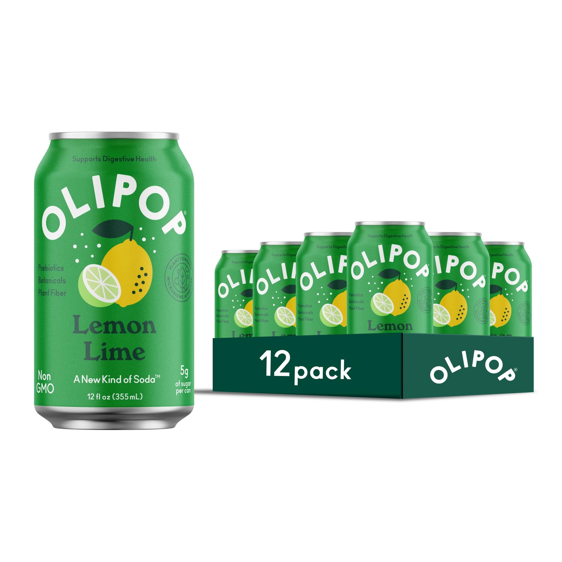 OLIPOP Prebiotic Soda Pop, Lemon Lime, Pantry Pack Packed with Prebiotics, Fiber, and Botanicals, Gluten Free, Vegan, GMO Free, 