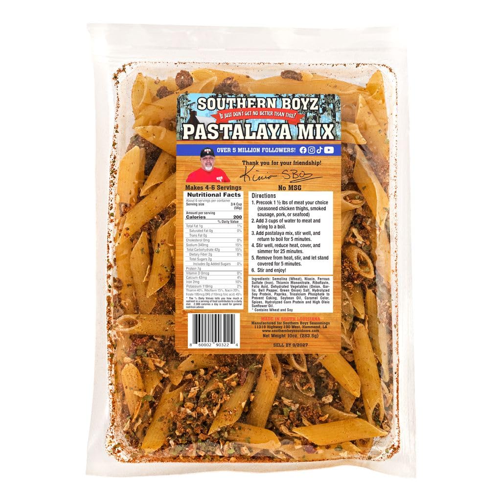 Southern Boyz Outdoors Pastalaya Mix with Penne, 10 Ounce Bag, No MSG, Makes 4-6 Servings