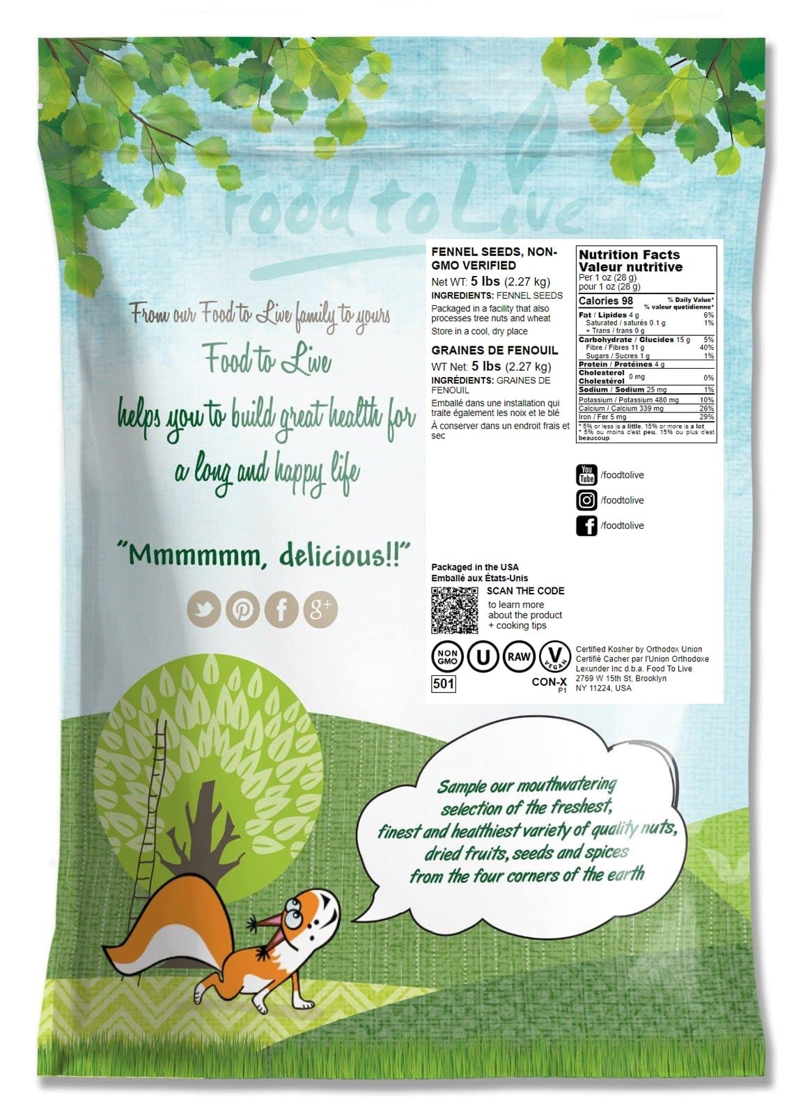 Food to Live Fennel Seeds, Whole Raw, Non-Irradiated, Kosher, Vegan, 5 Pounds