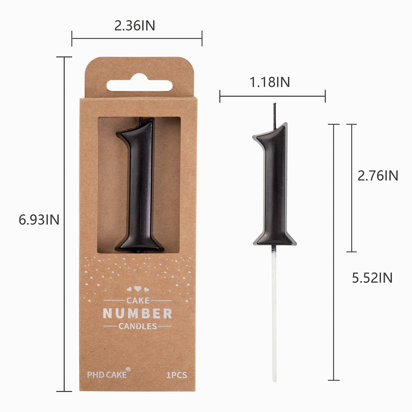 PHD CAKE Black Birthday Candles, 1 Number, 2.76 Inch Wax Cake Decoration